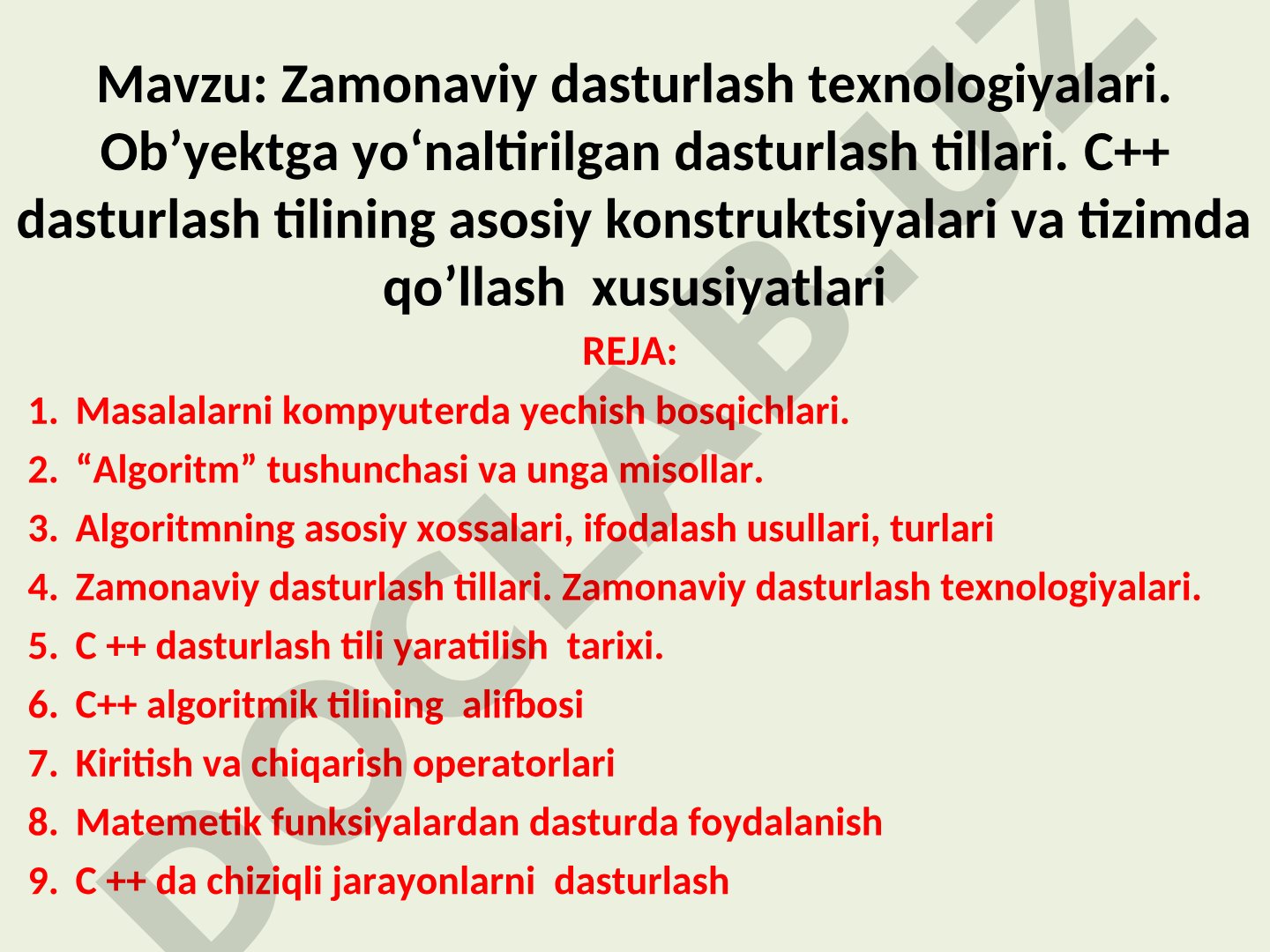Zamonaviy dasturlash texnologiyalari. Ob’yektga yo‘naltirilgan dasturlash tillari. C++ dasturlash tilining asosiy konstruktsiyalari va tizimda qo’llash xususiyatlari