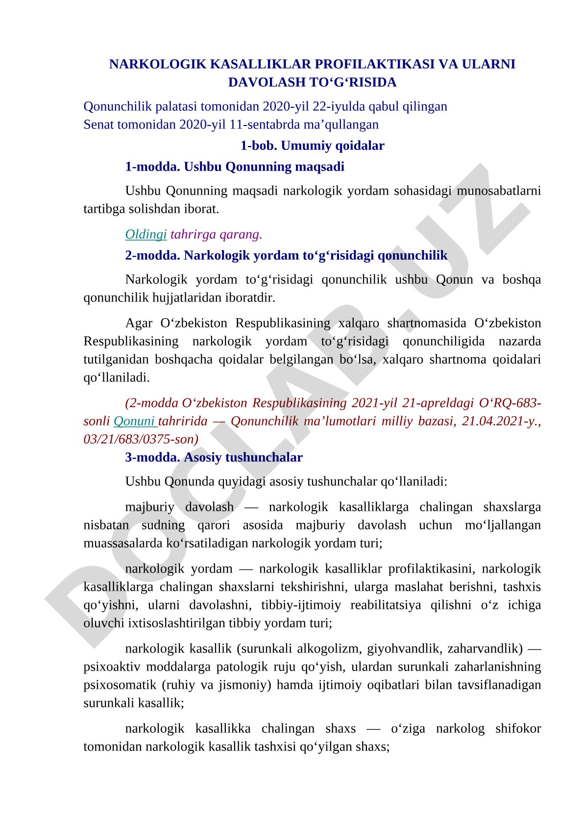 Narkologik kasalliklar profilaktikasi va ularni davolash to‘g‘risida
