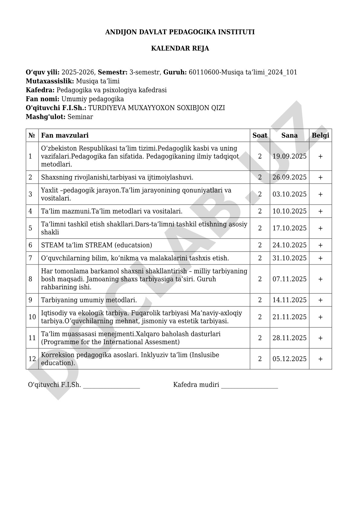 Umumiy pedagogika fanidan kalendar reja