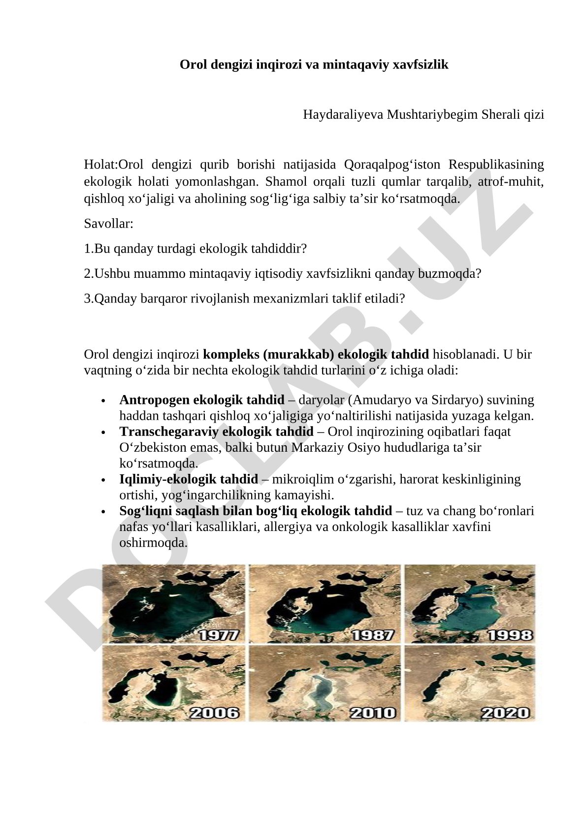 Orol dengizi inqirozi va mintaqaviy xavfsizlik