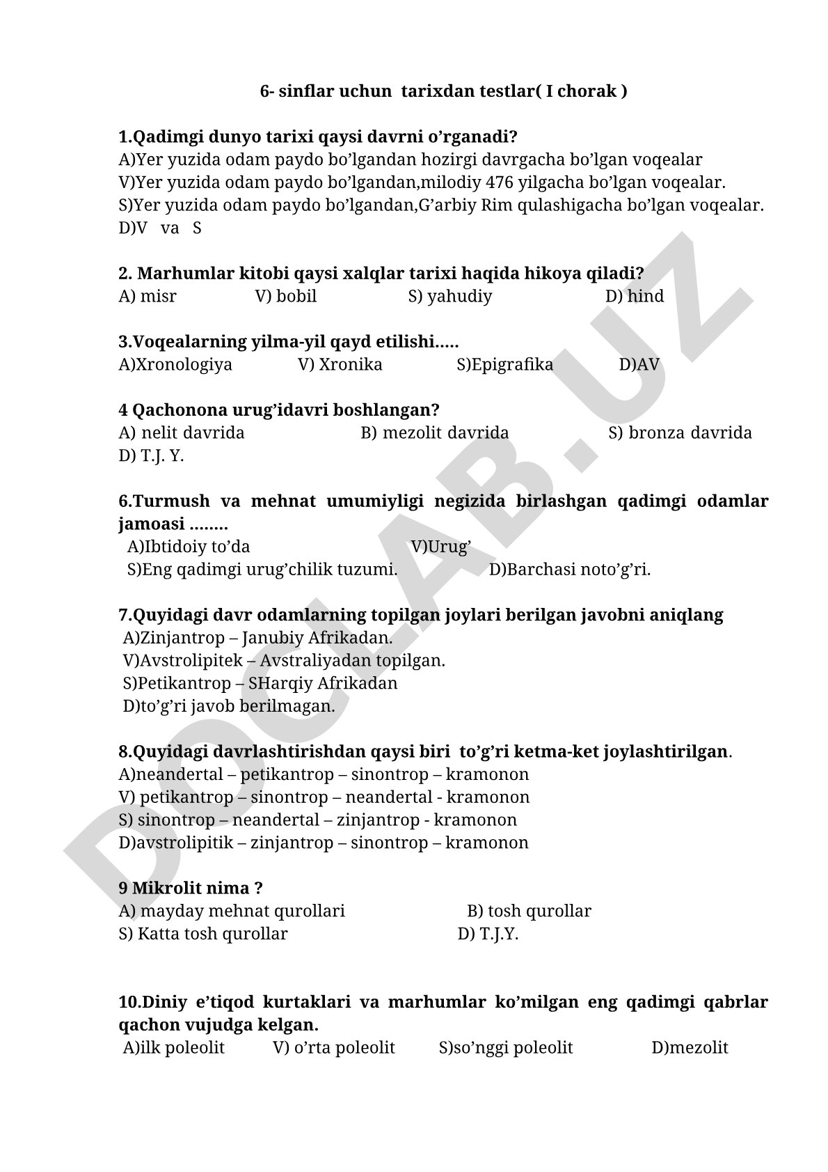 6-sinflar uchun tarixdan testlar (I chorak)