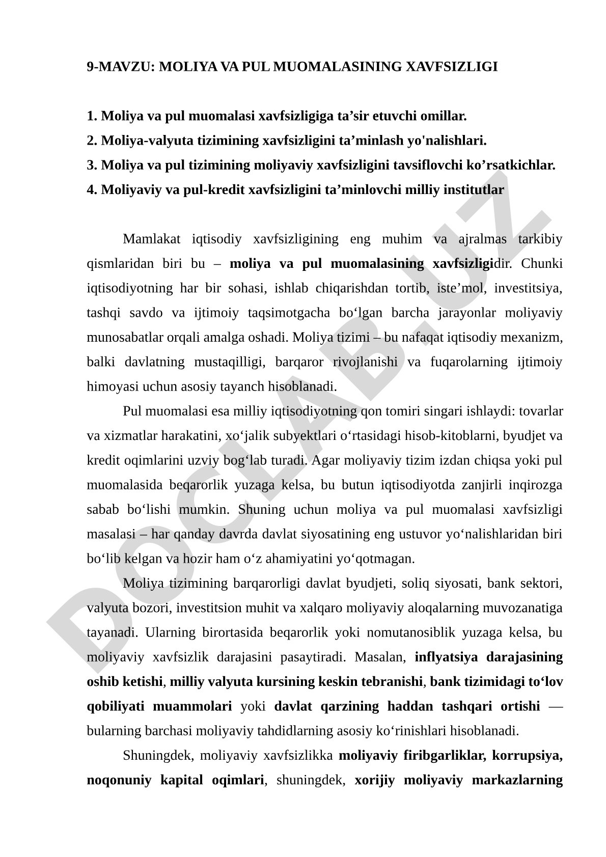 Moliya va pul muomalasining xavfsizligi