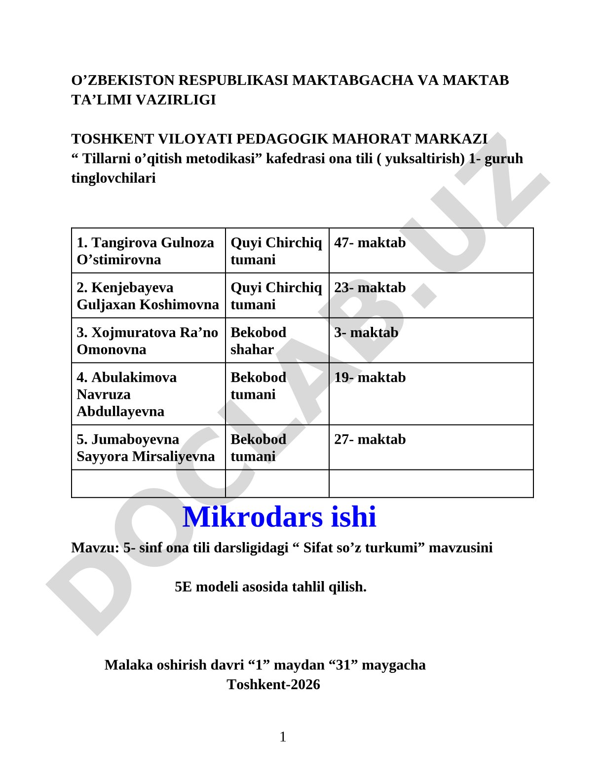 5-sinf ona tili darsligidagi 'Sifat so'z turkumi' mavzusini 5E modeli asosida tahlil qilish