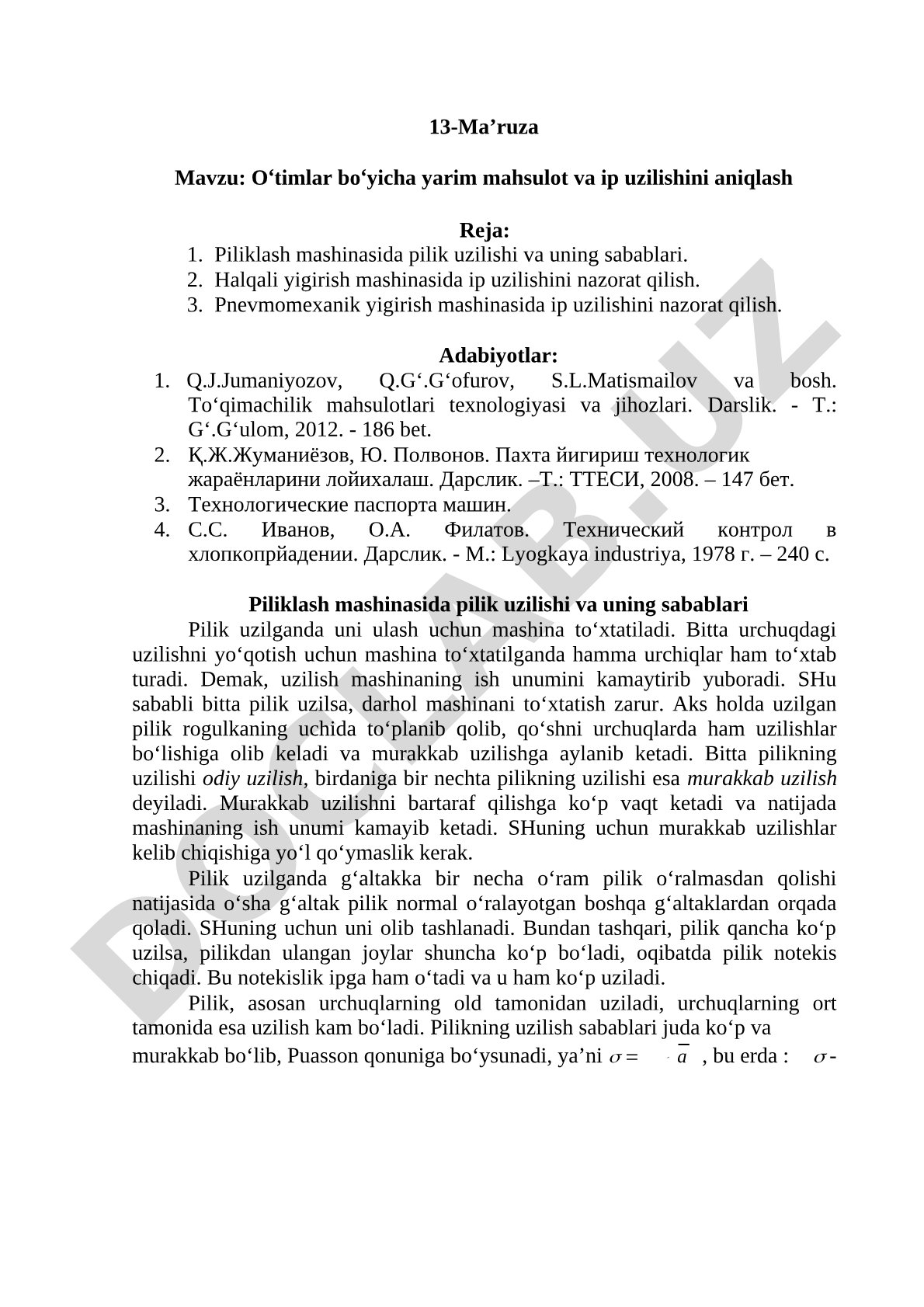 O‘timlar bo‘yicha yarim mahsulot va ip uzilishini aniqlash