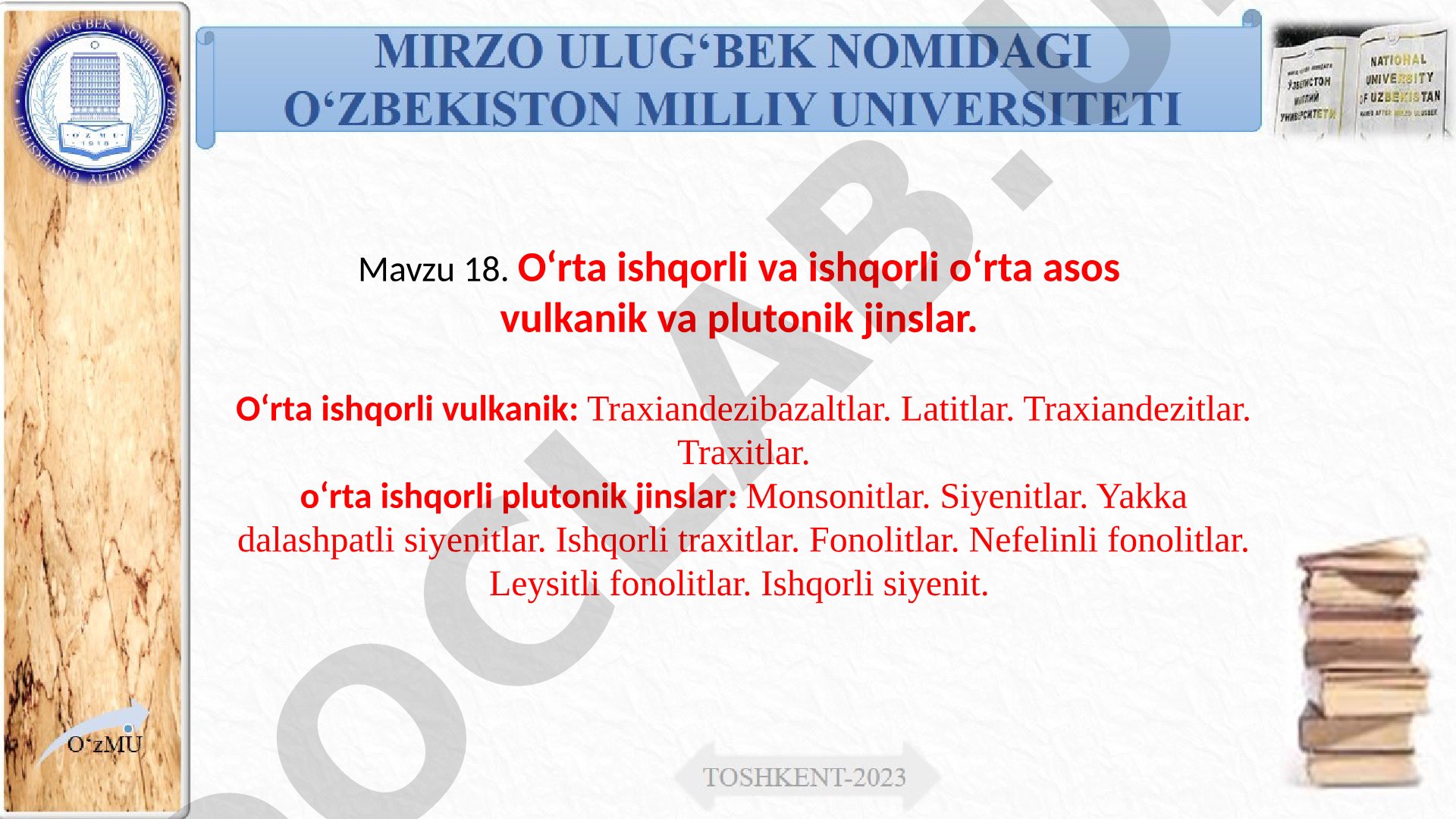 O'rta ishqorli va ishqorli o'rta asos vulkanik va plutonik jinslar