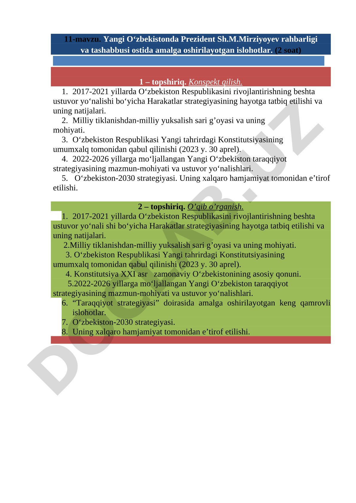 Yangi O‘zbekistonda Prezident Sh.M.Mirziyoyev rahbarligi va tashabbusi ostida amalga oshirilayotgan islohotlar