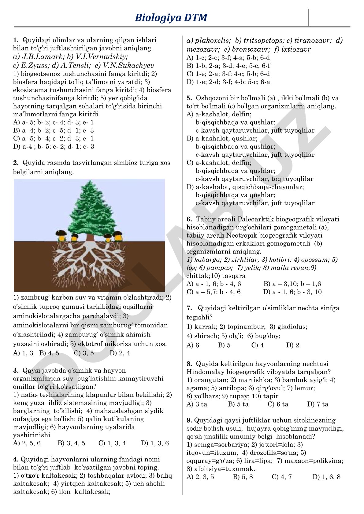 Biologiya fanidan DTM test savollari