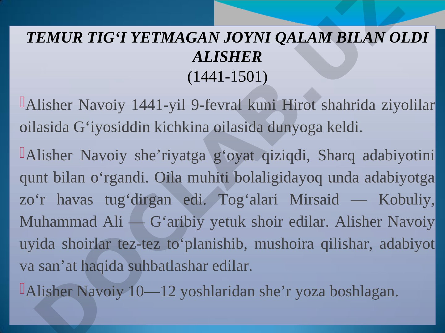Temur tig‘i yetmagan joyni qalam bilan oldi Alisher (1441-1501)
