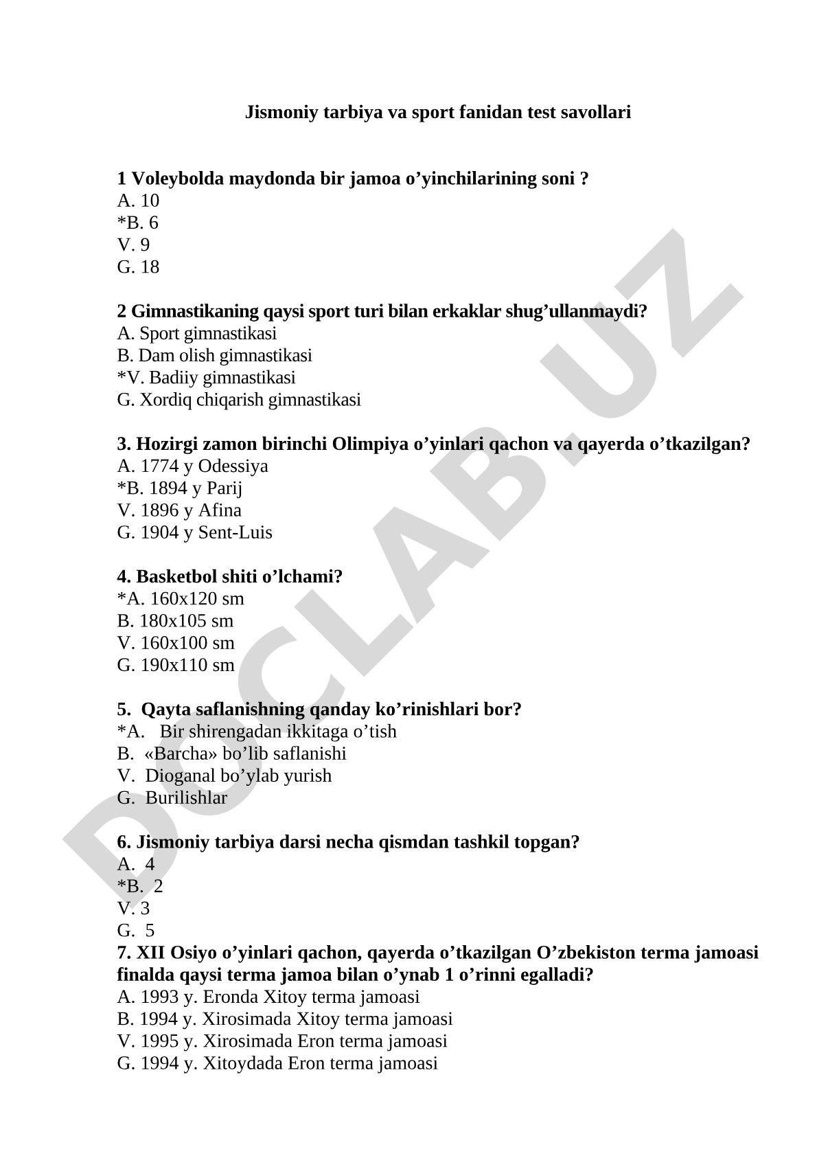 Jismoniy tarbiya va sport fanidan test savollari