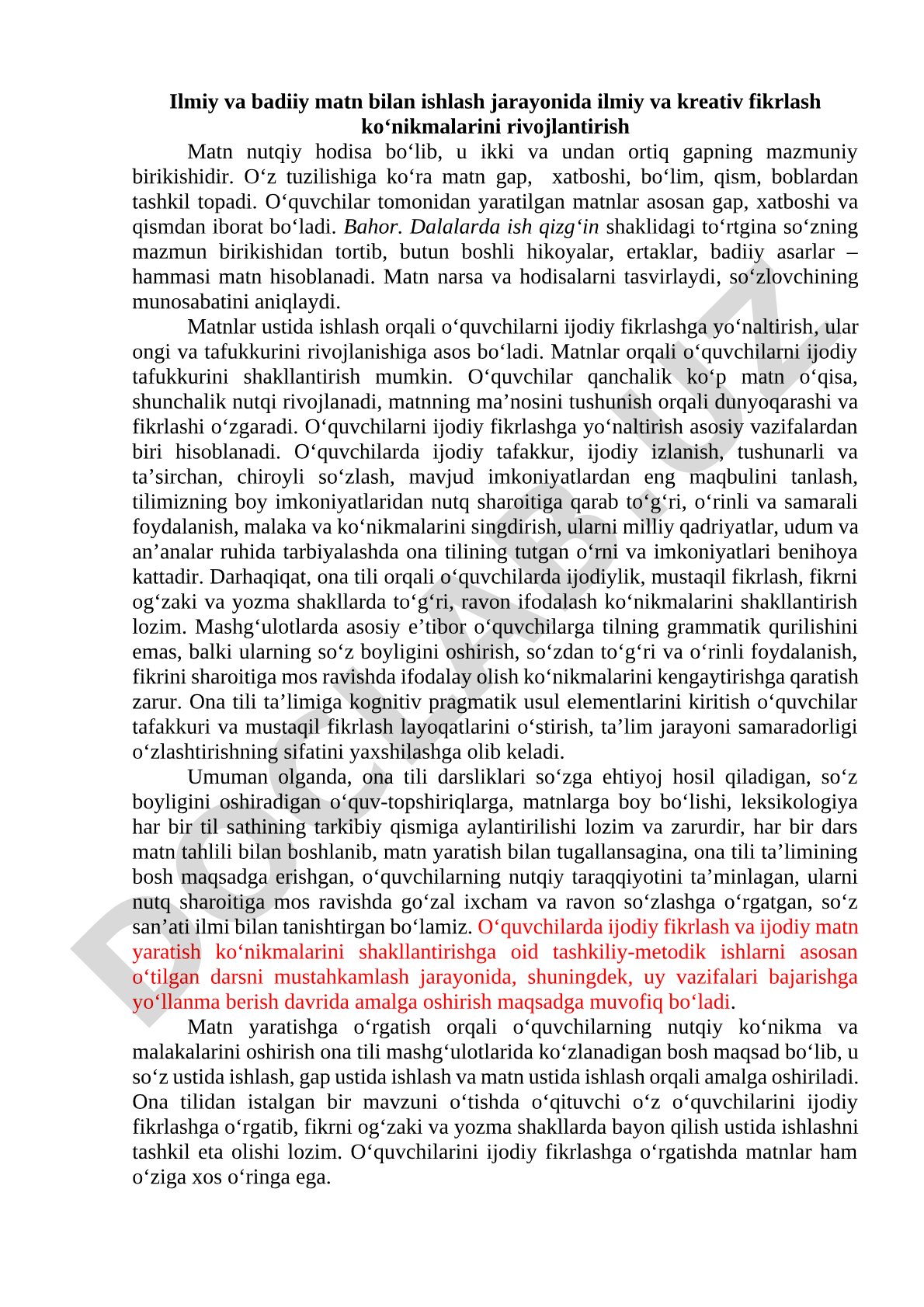 Ilmiy va badiiy matn orqali o'quvchilarda kreativ fikrlashni rivojlantirish