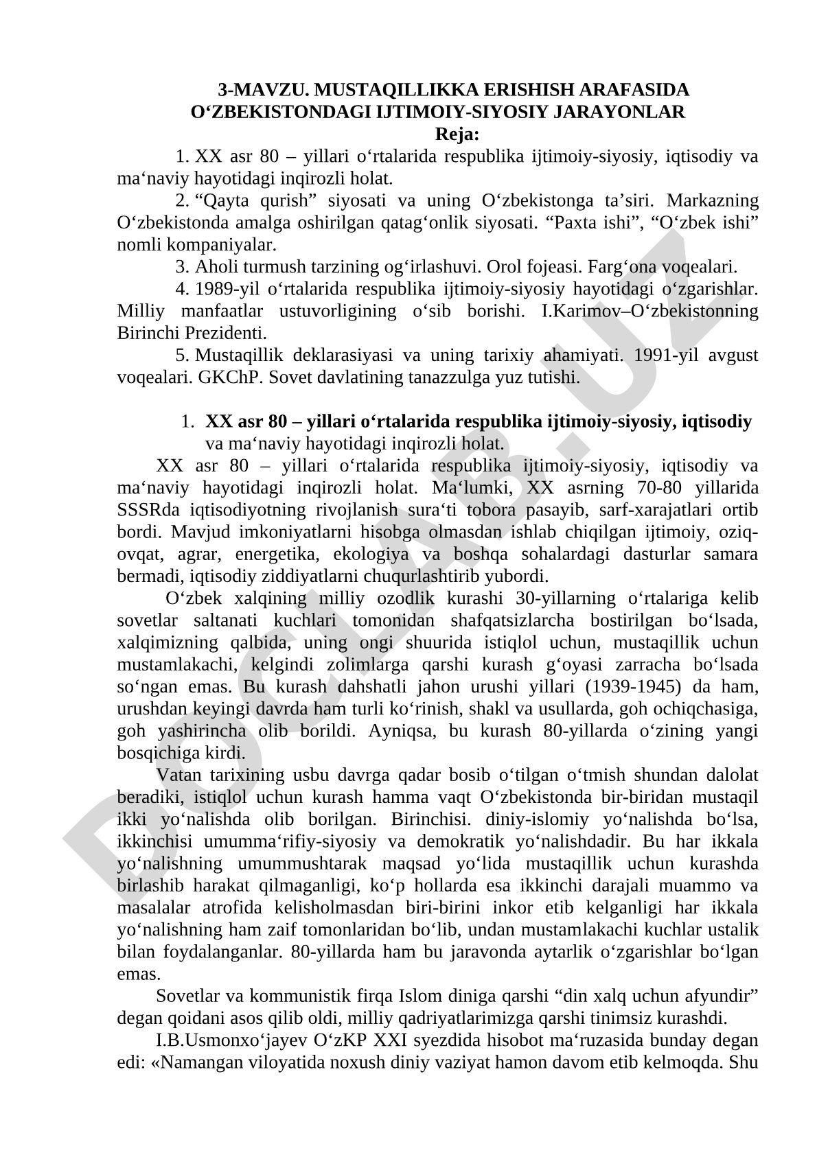 Mustaqillikka erishish arafasida Oʻzbekistondagi ijtimoiy-siyosiy jarayonlar