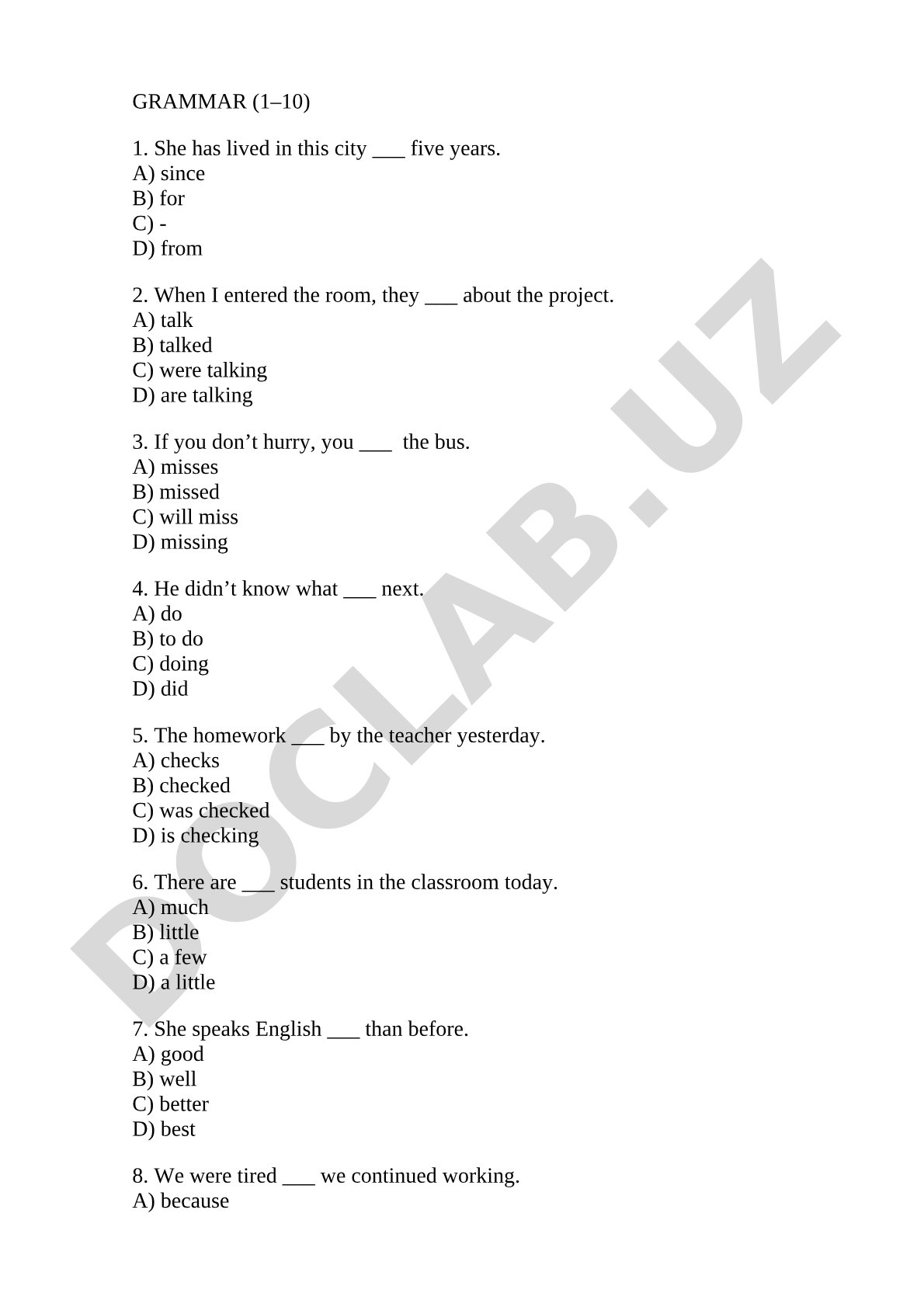 English Grammar Vocabulary and Reading Test