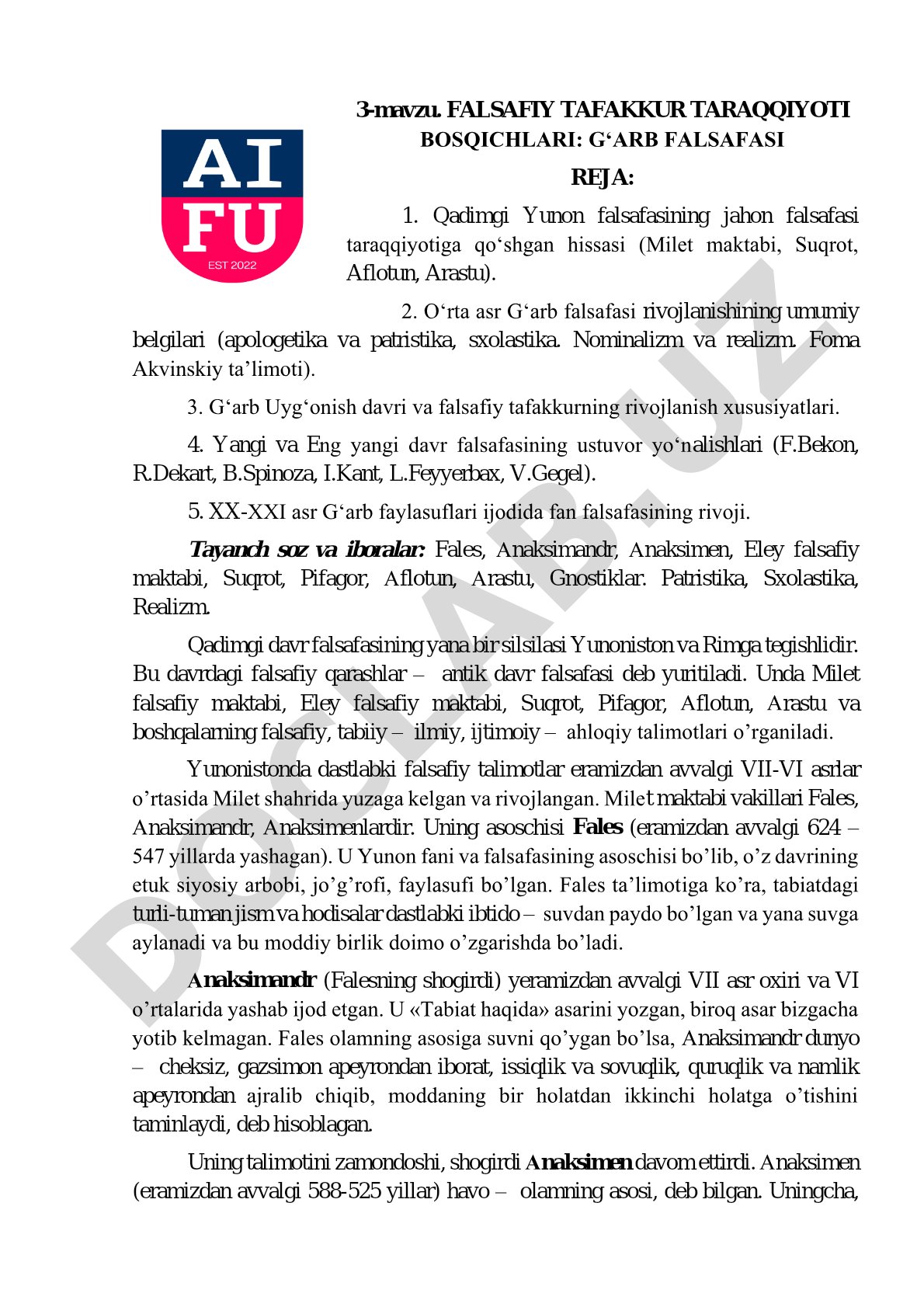Falsafiy tafakkur taraqqiyoti bosqichlari: G'arb falsafasi