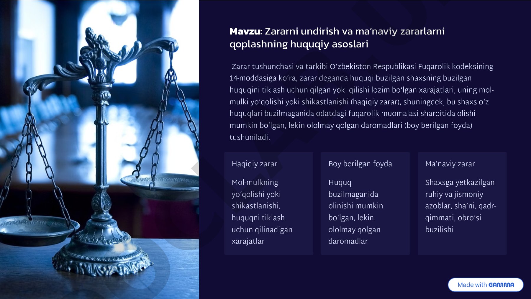 Zararni undirish va ma'naviy zararlarni qoplashning huquqiy asoslari
