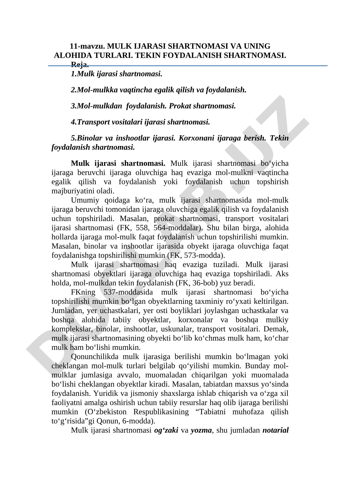Mulk ijarasi shartnomasi va uning alohida turlari. Tekin foydalanish shartnomasi