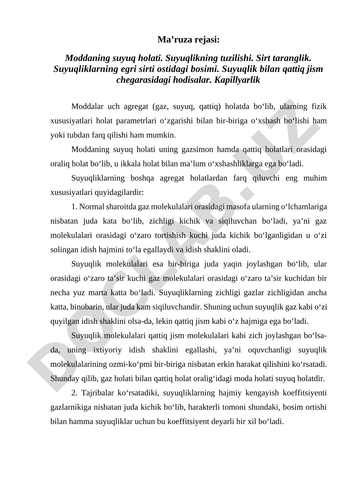 Moddaning suyuq holati