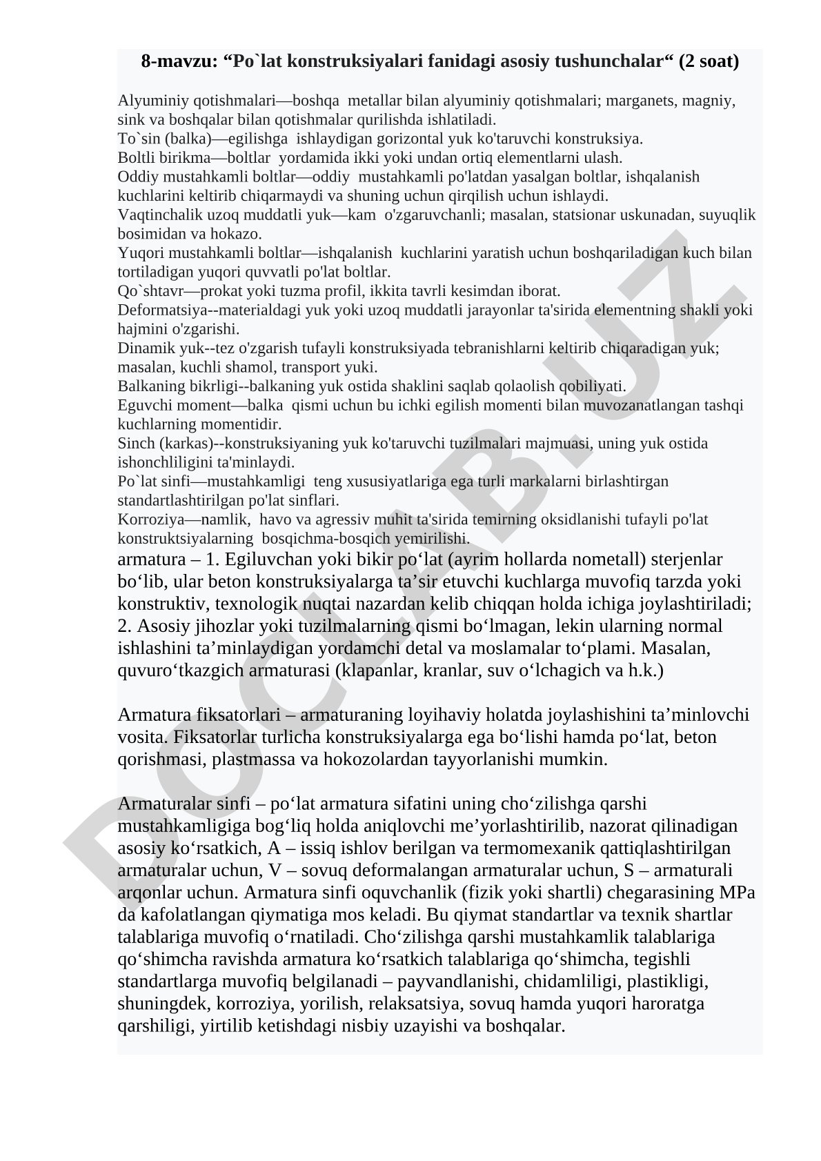 Po'lat konstruksiyalari fanidagi asosiy tushunchalar