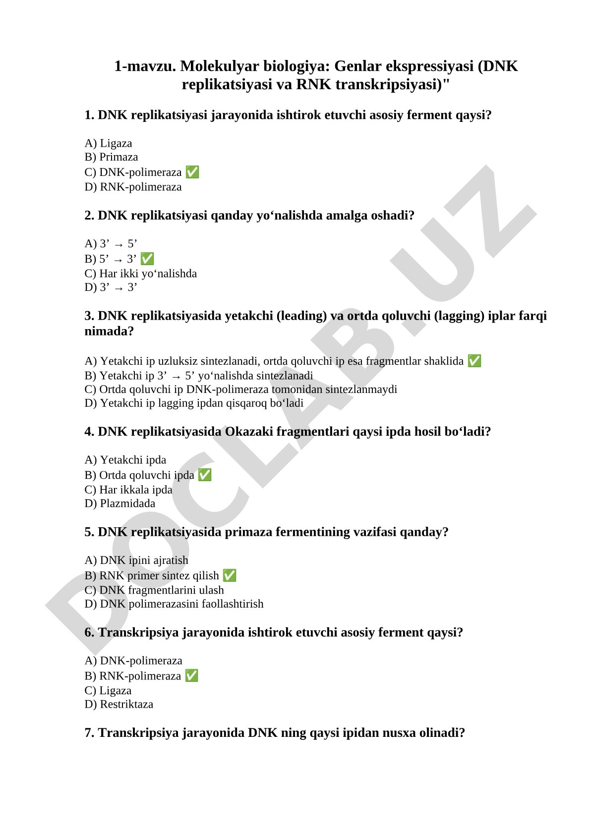 Molekulyar biologiya: Genlar ekspressiyasi (DNK replikatsiyasi va RNK transkripsiyasi)