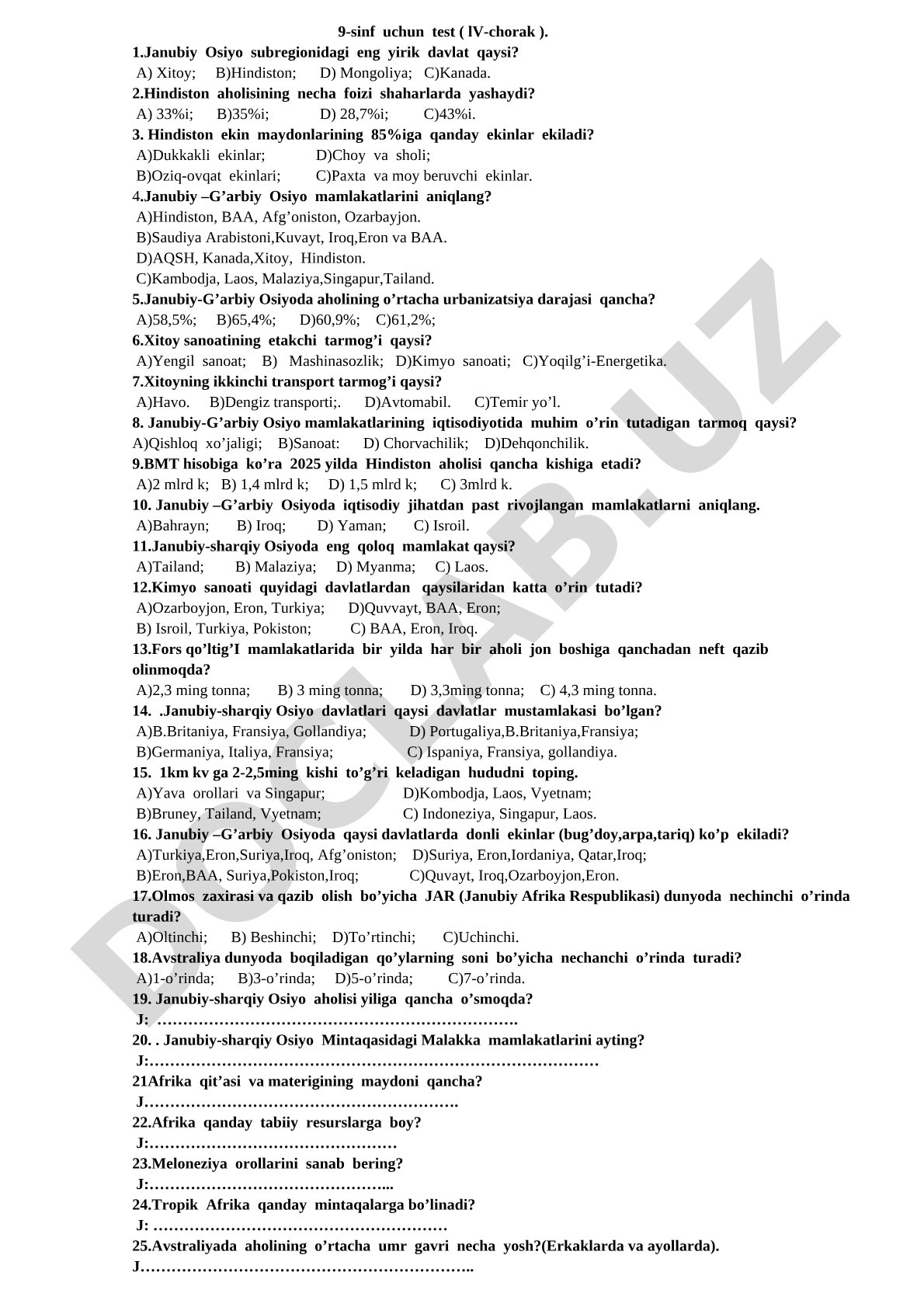 9-sinf geografiyasidan test (Janubiy va Janubiy-G'arbiy Osiyo)