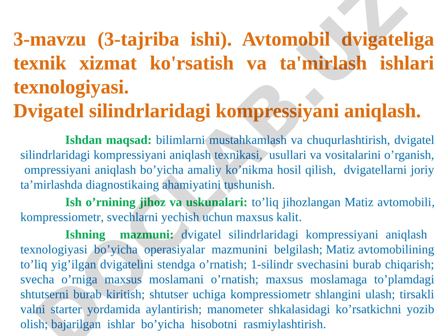 Avtomobil dvigateliga texnik xizmat ko'rsatish va ta'mirlash ishlari texnologiyasi