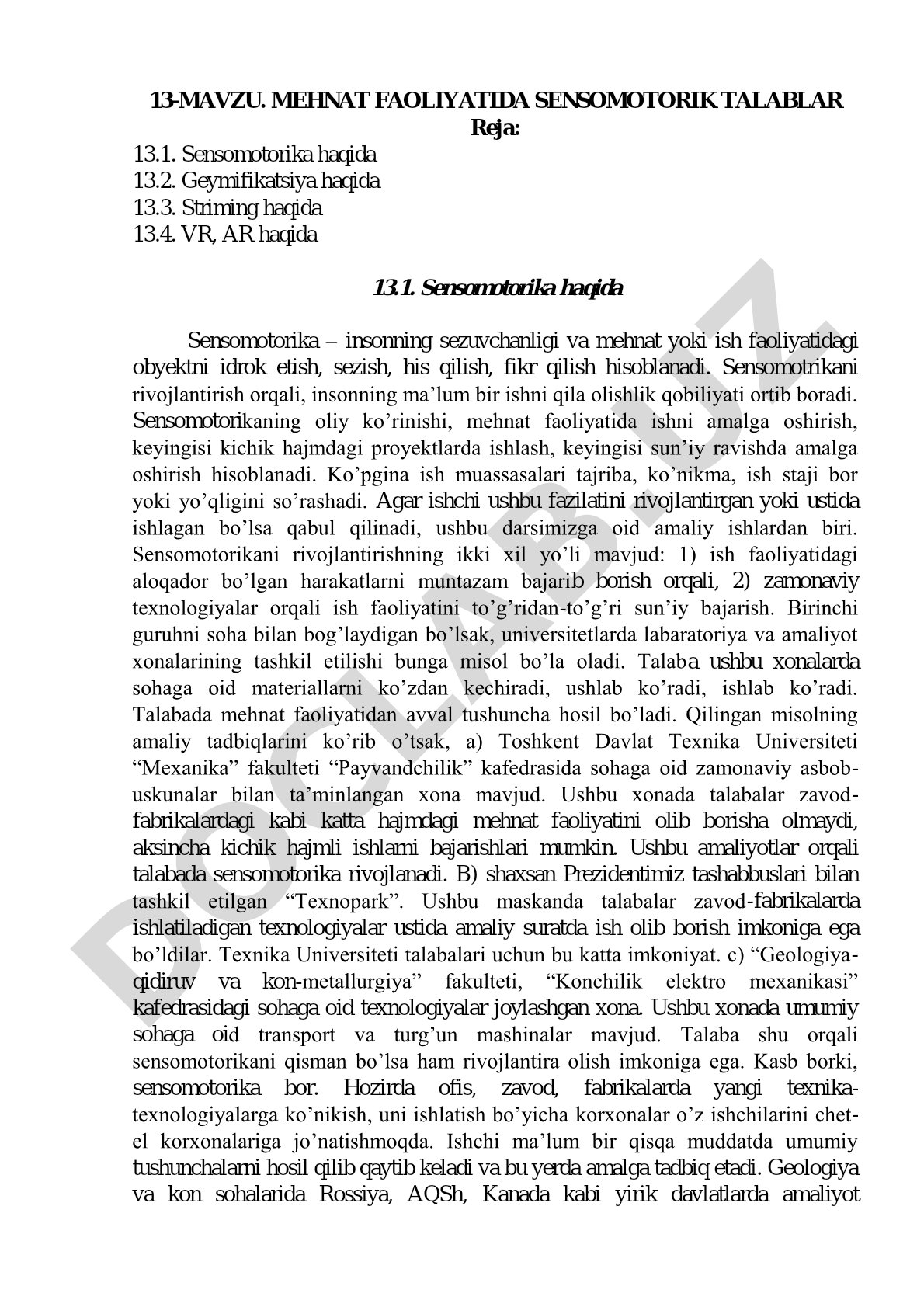 Mehnat faoliyatida sensomotorik talablar