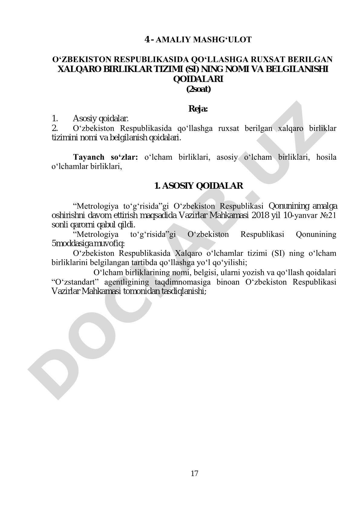 O‘zbekiston Respublikasida qo‘llashga ruxsat berilgan xalqaro birliklar tizimi (SI) ning nomi va belgilanishi qoidalari