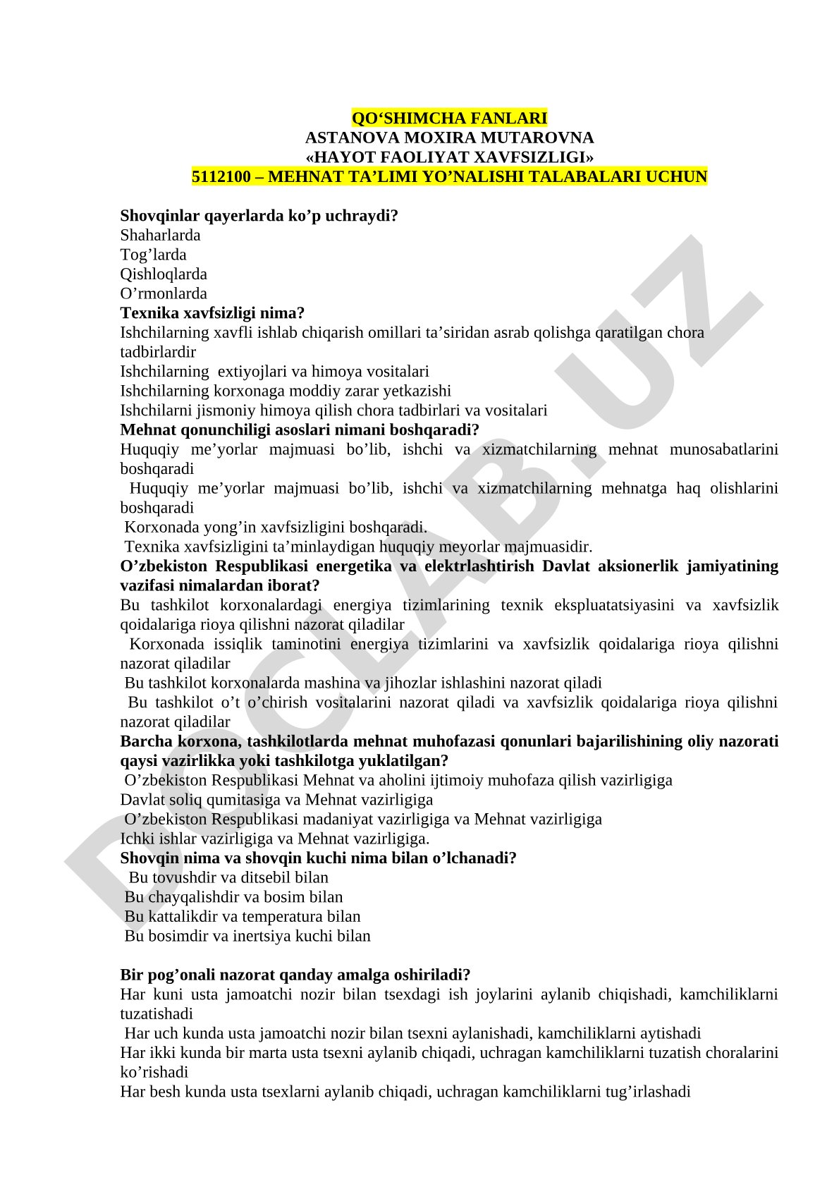Hayot faoliyat xavfsizligi fanidan test savollari