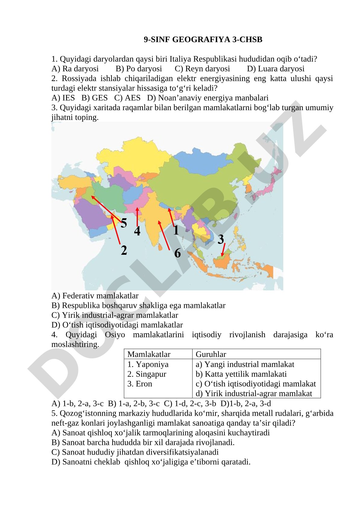 9-sinf geografiya 3-chorak test