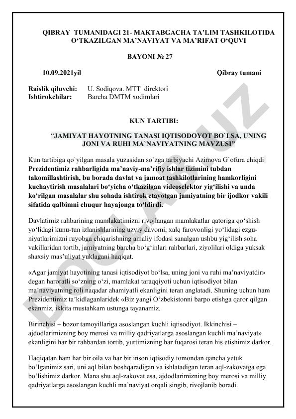 Ma'naviyat va ma'rifat o'quvi bayoni №27