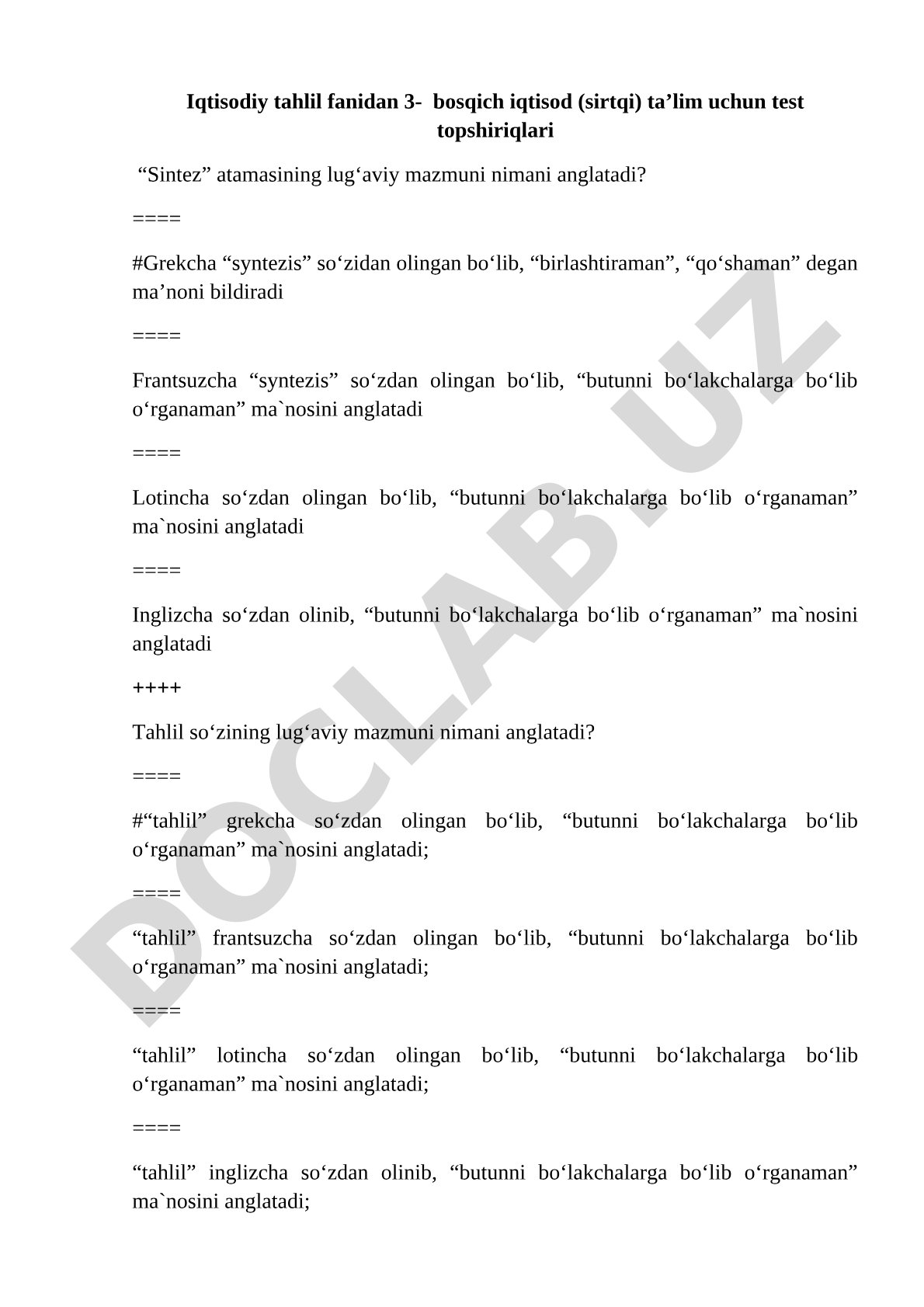 Iqtisodiy tahlil fanidan test topshiriqlari