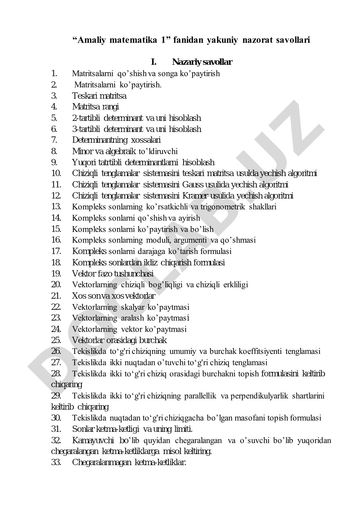 Amaliy matematika 1 fanidan yakuniy nazorat savollari