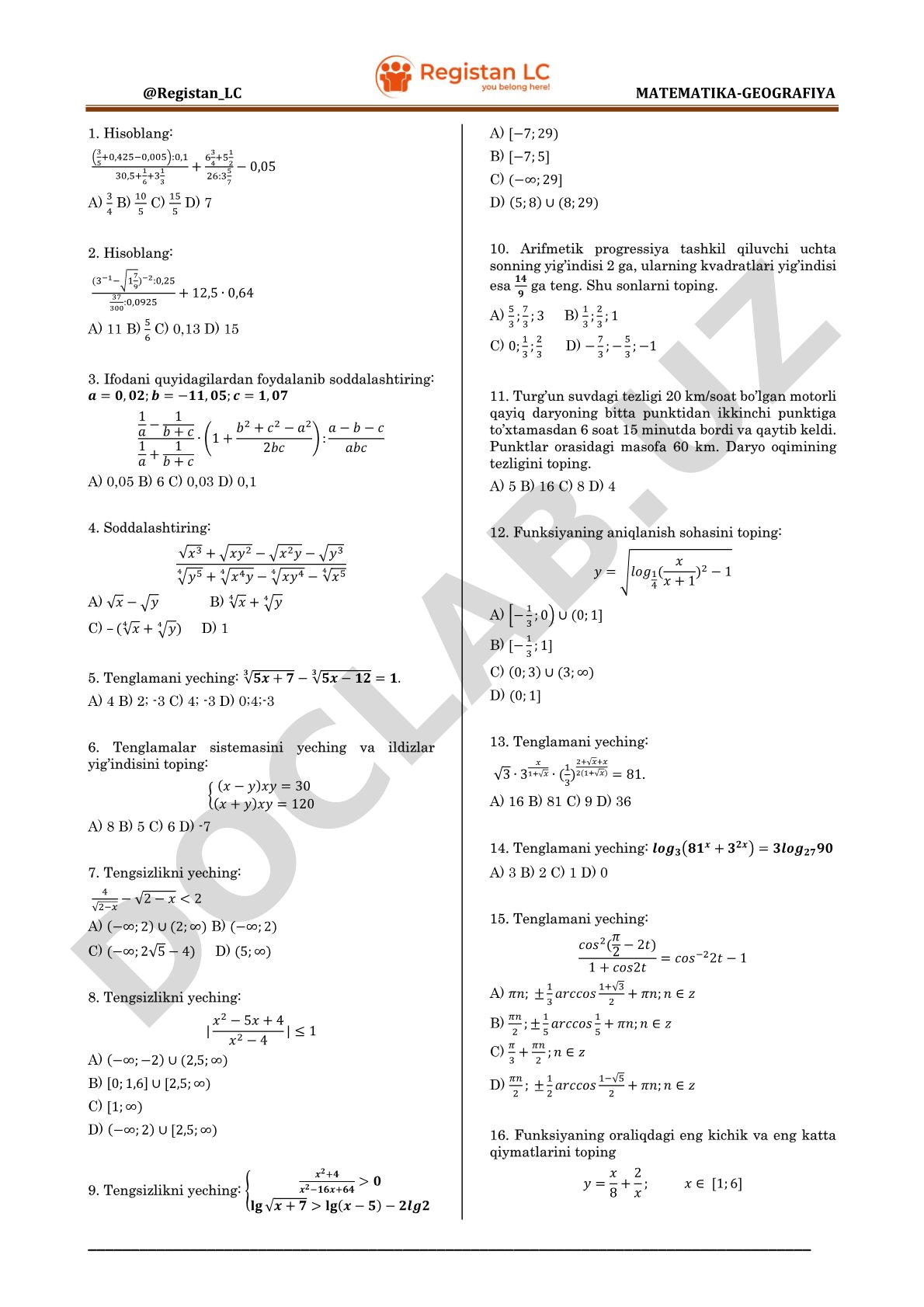 Matematika masalalari (hisoblash, tenglama va tengsizliklar)