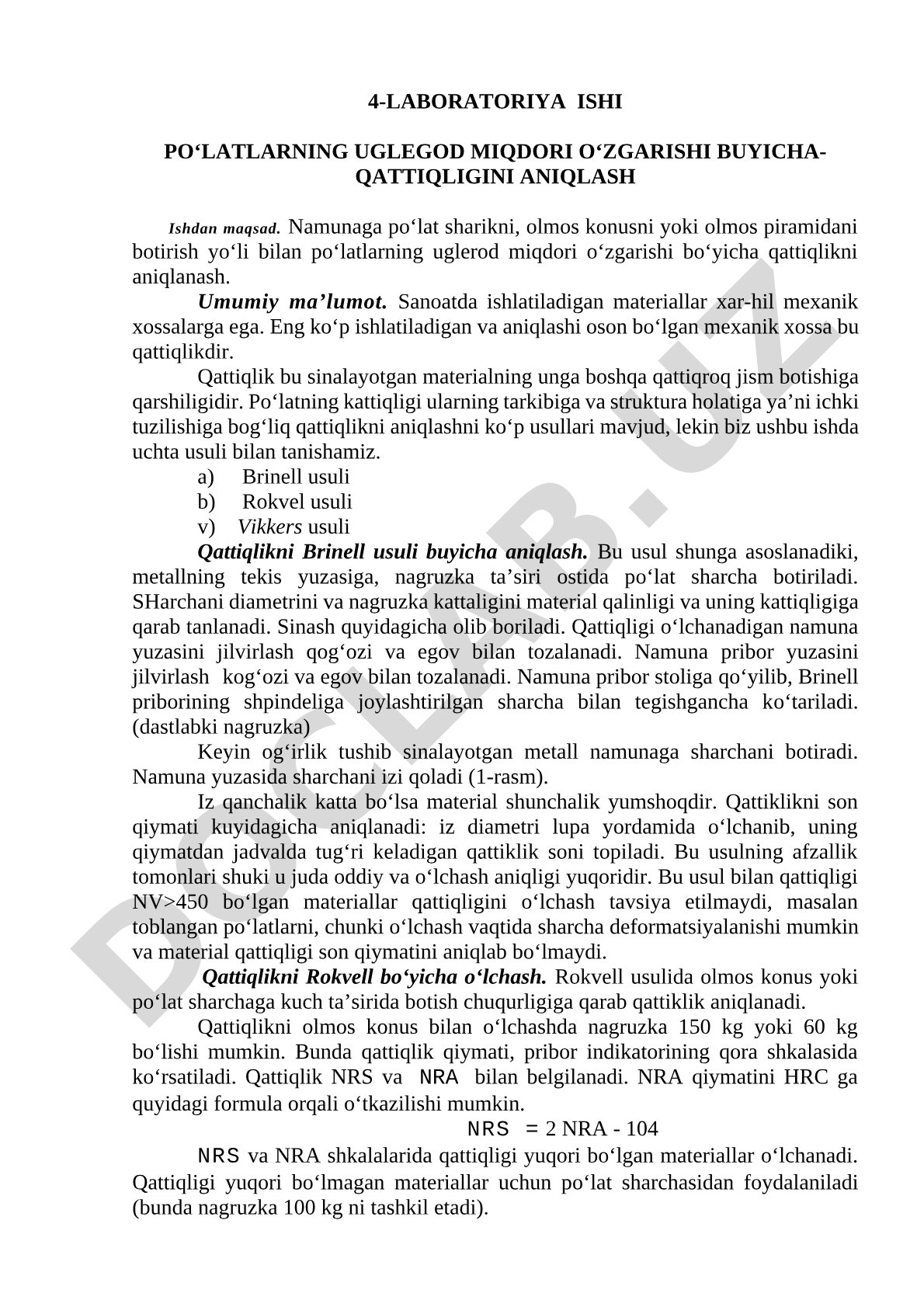 Po'latlarning uglerod miqdori o'zgarishi bo'yicha qattiqligini aniqlash