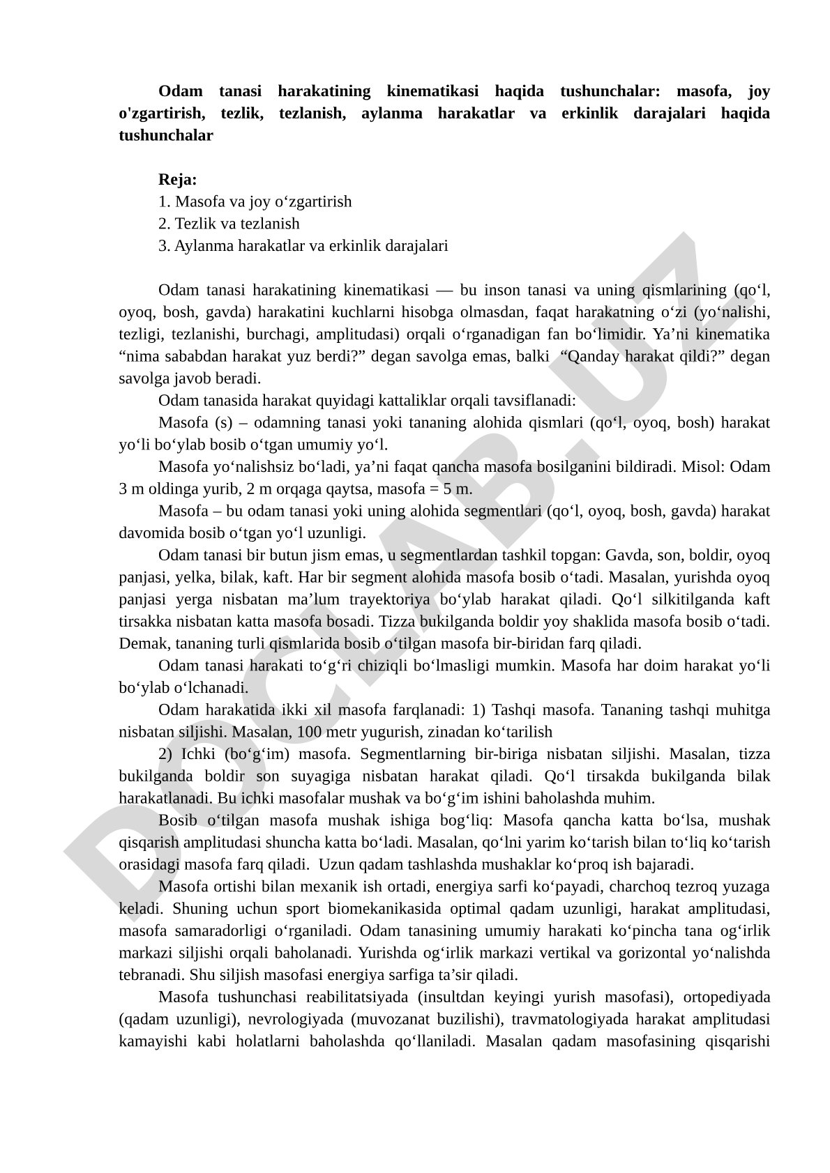 Odam tanasi harakatining kinematikasi haqida tushunchalar