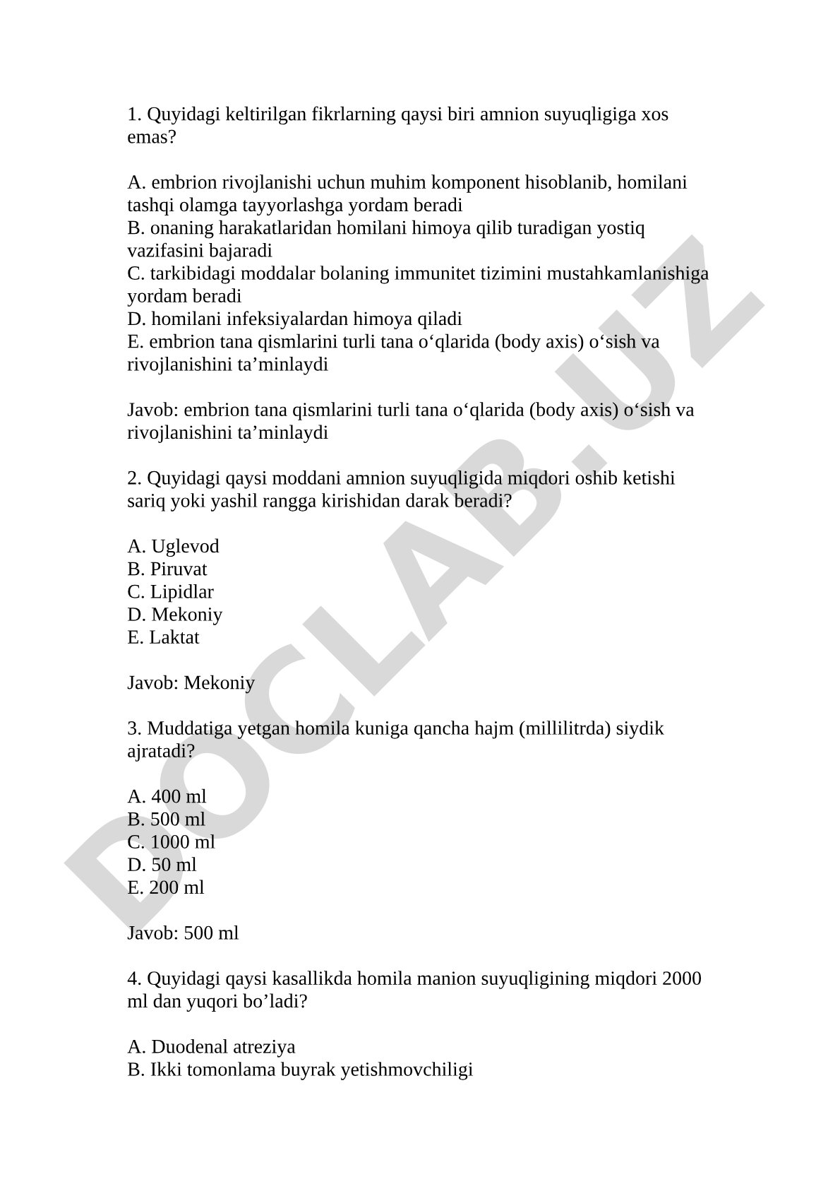 Amnion suyuqligi bilan bog'liq test savollari