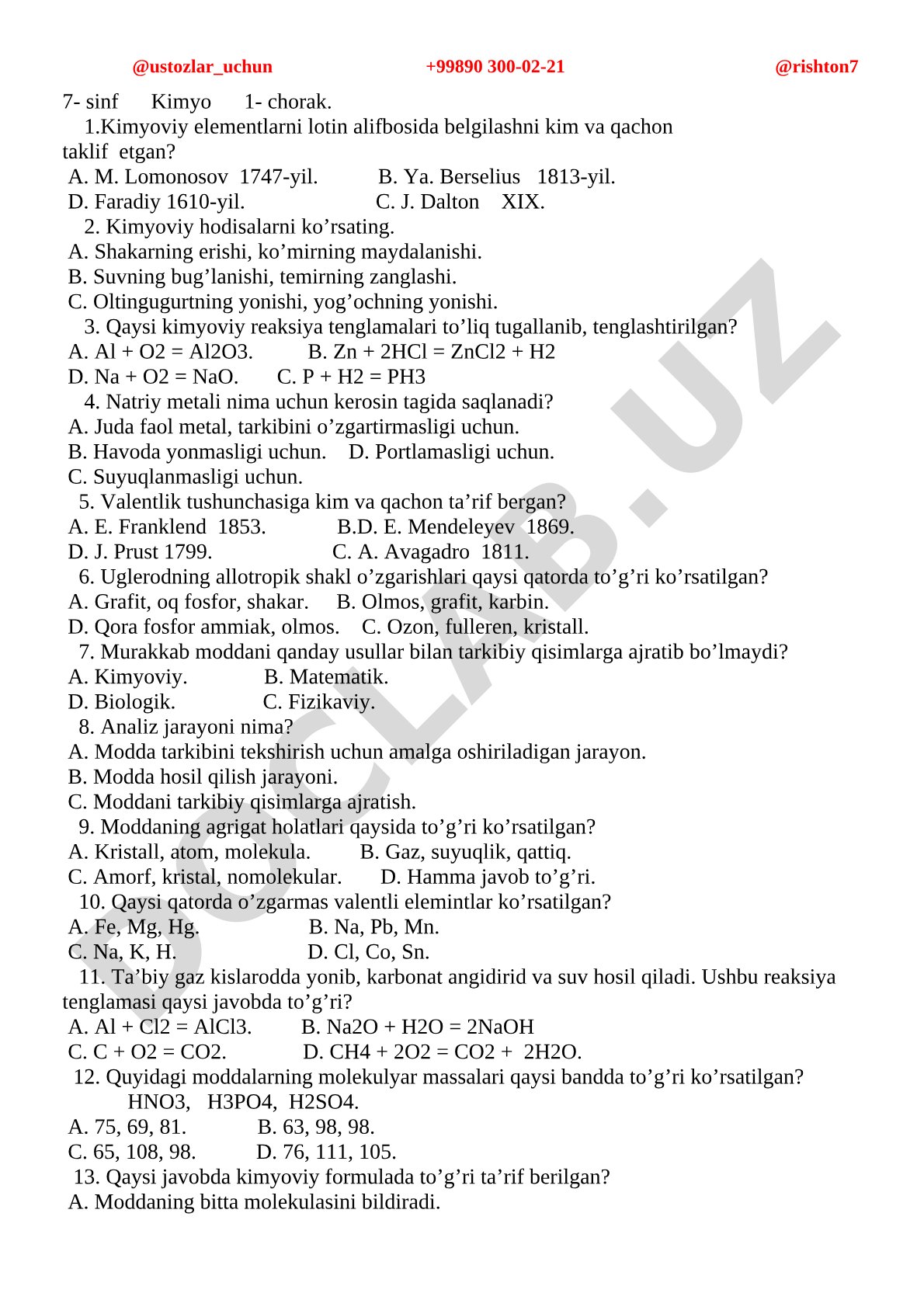 7-sinf Kimyo 1-chorak test savollari