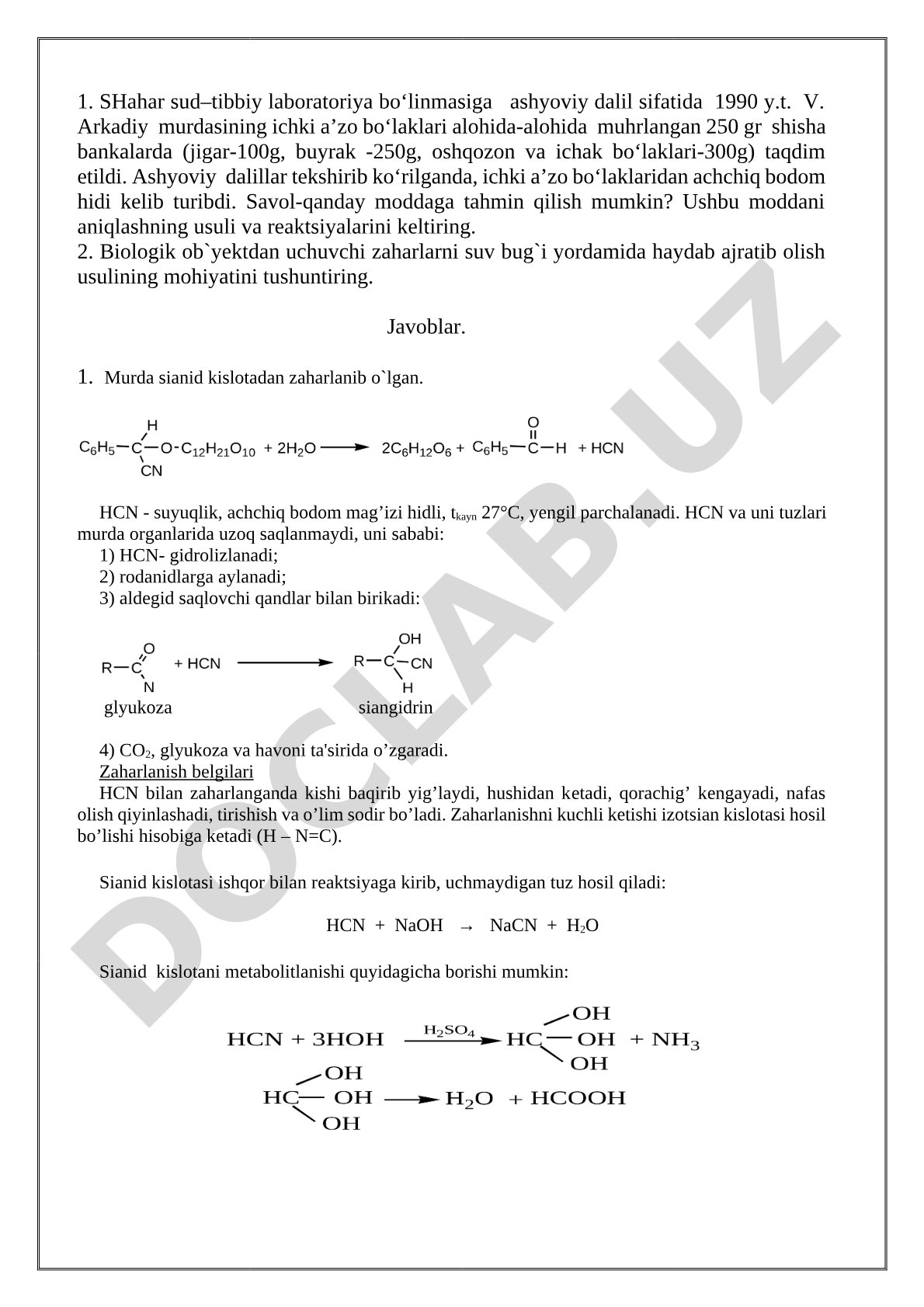 Sianid kislotasi bilan zaharlanish va uni aniqlash usullari