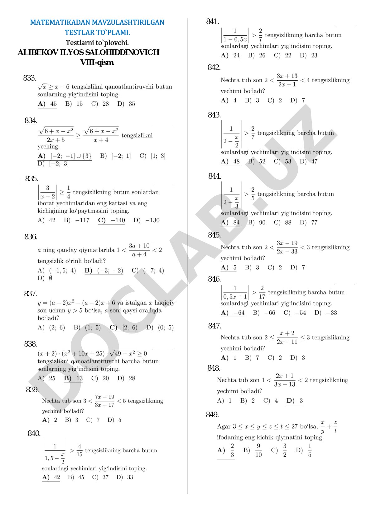 Matematikadan mavzulashtirilgan testlar to`plami
