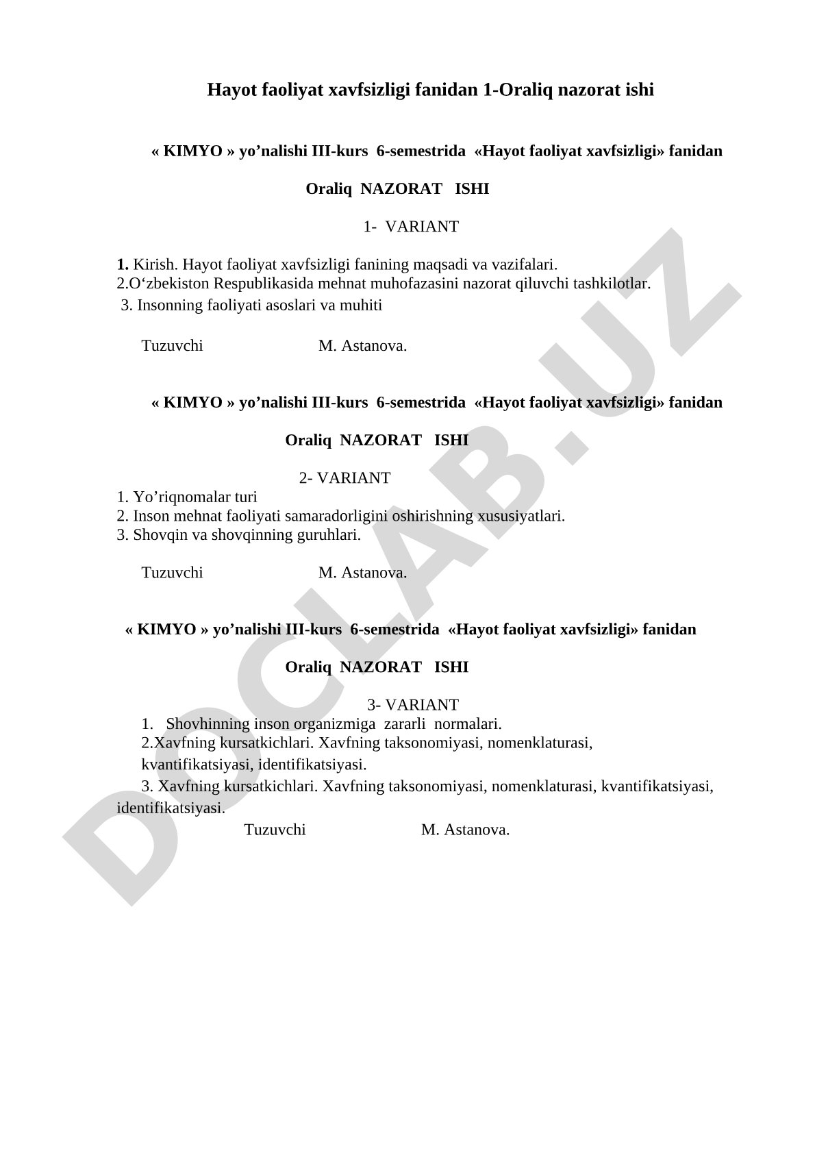 Hayot faoliyat xavfsizligi fanidan oraliq nazorat ishi