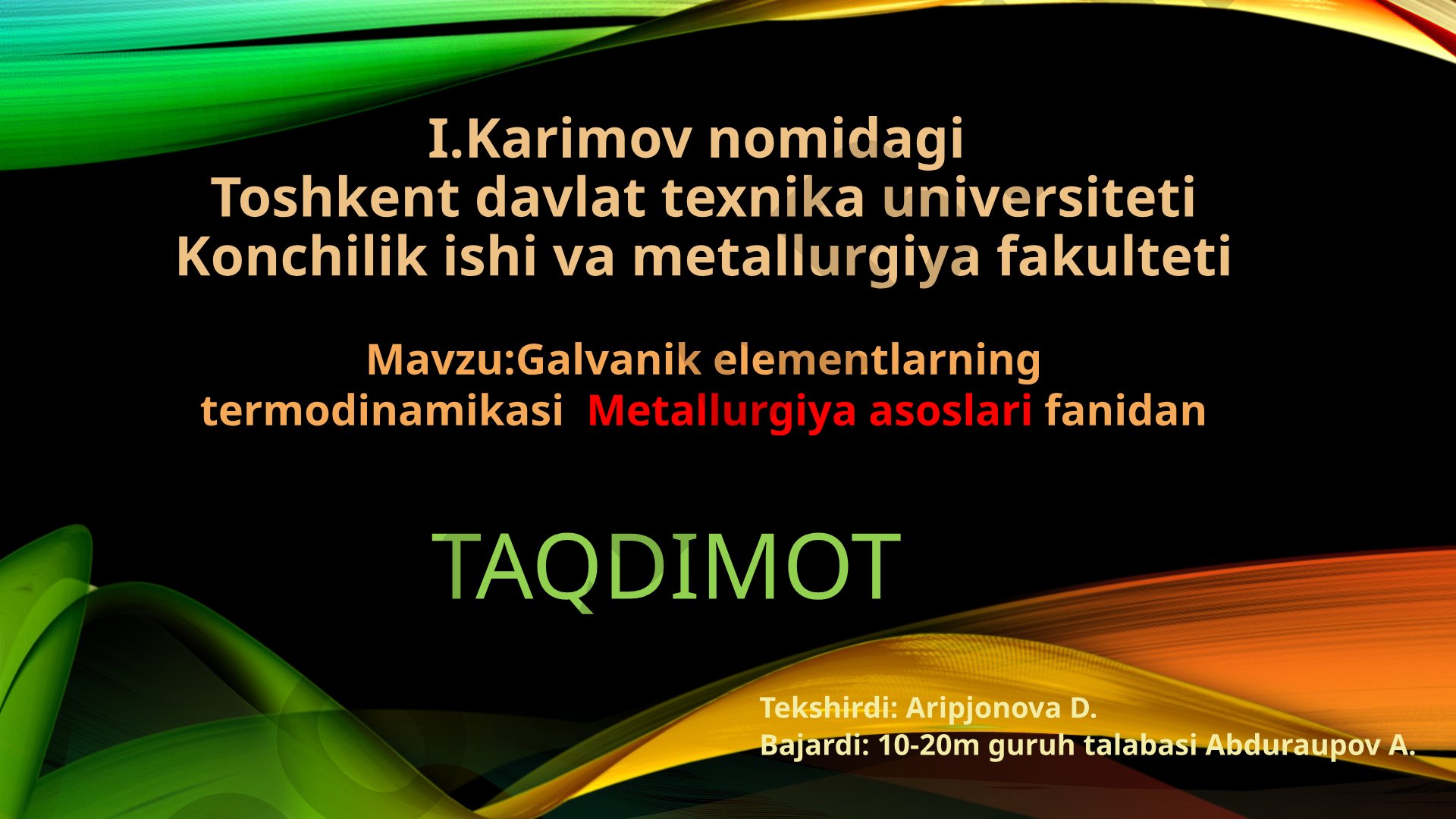 Galvanik elementlarning termodinamikasi haqida taqdimot: oksidlanish potensiali, kimyoviy