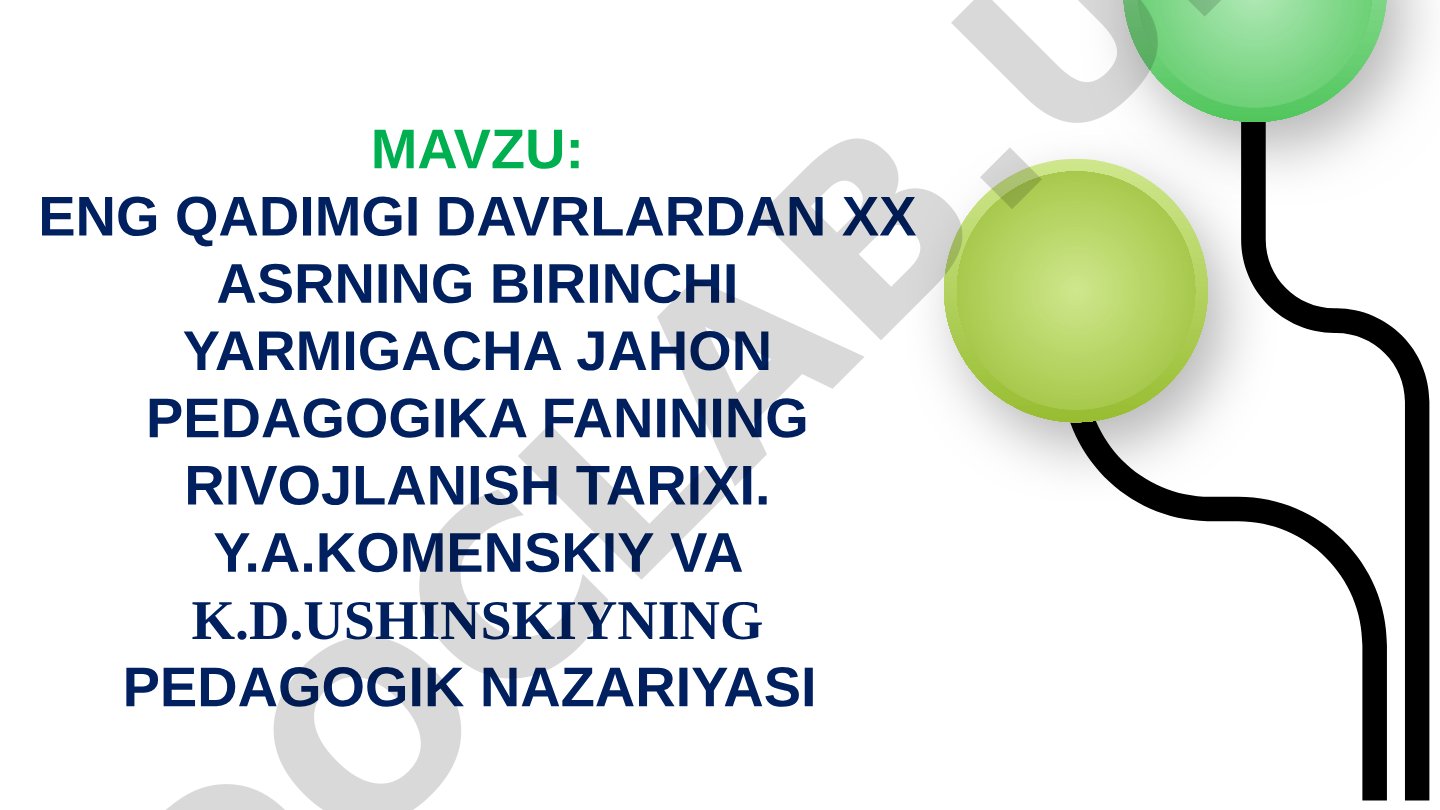 Eng qadimgi davrlardan XX asrning birinchi yarmigacha jahon pedagogika fanining rivojlanish tarixi. Y.A.Komenskiy va K.D.Ushinskiyning pedagogik nazariyasi
