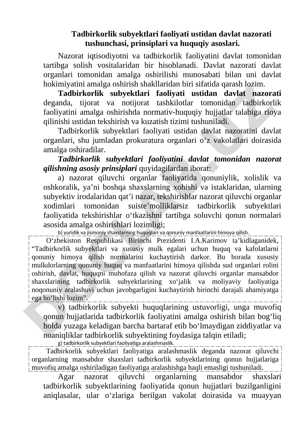 Tadbirkorlik subyektlari faoliyati ustidan davlat nazorati tushunchasi, prinsiplari va huquqiy asoslari