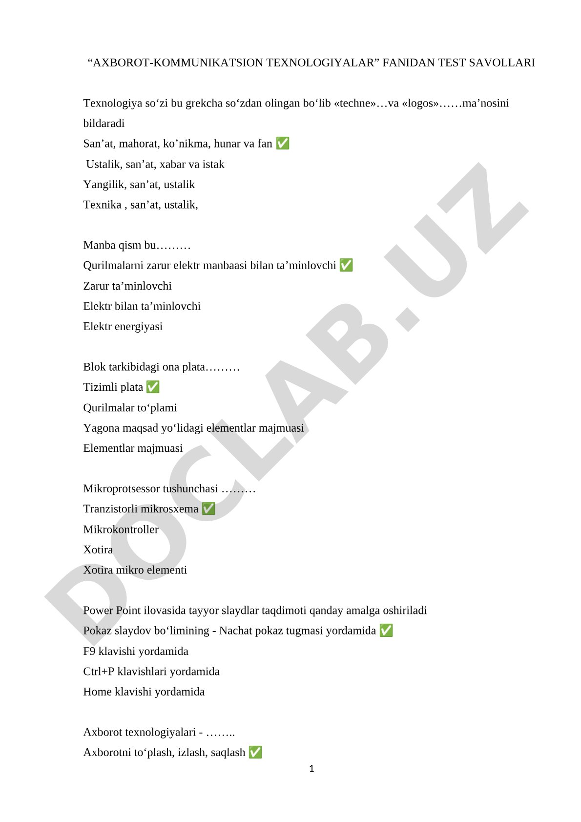 Axborot-kommunikatsion texnologiyalari fanidan test savollari