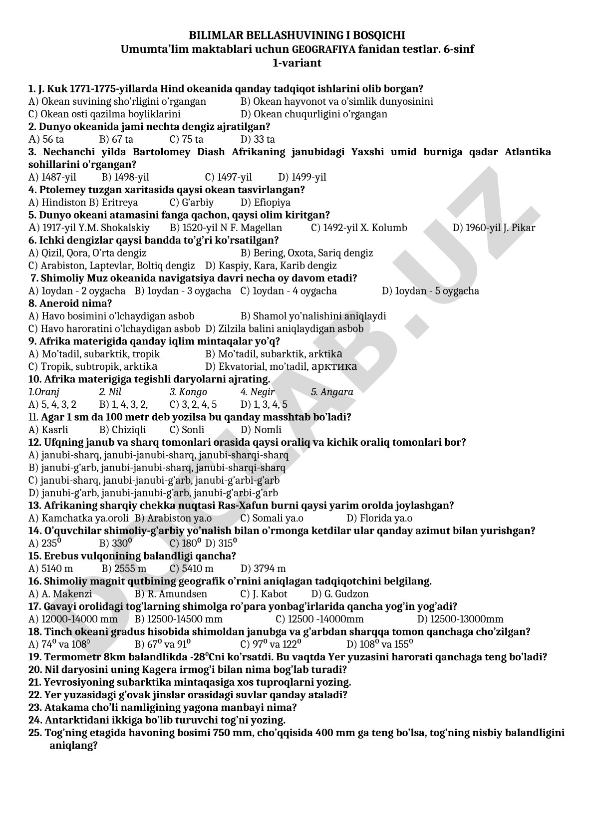 Bilimlar bellashuvining I bosqichi geografiya testlari