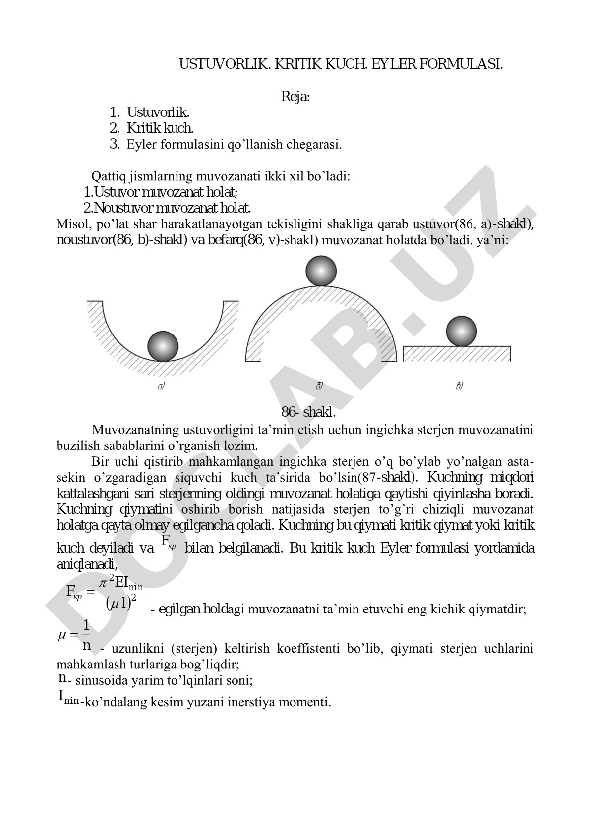 Ustuvorlik. Kritik kuch. Eyler formulasi.