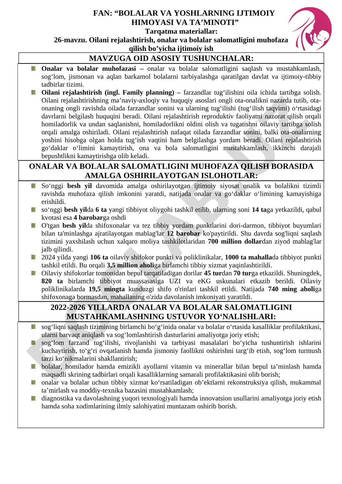 Oilani rejalashtirish, onalar va bolalar salomatligini muhofaza qilish bo'yicha ijtimoiy ish