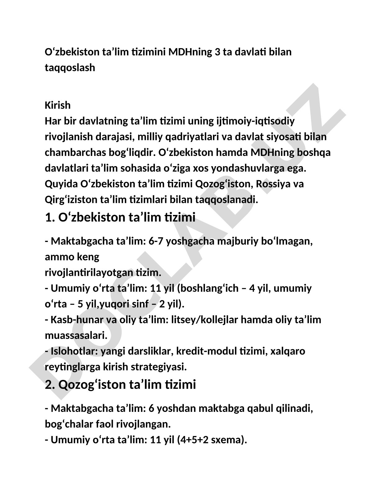Oʻzbekiston taʼlim tizimini MDHning 3 ta davlati bilan taqqoslash