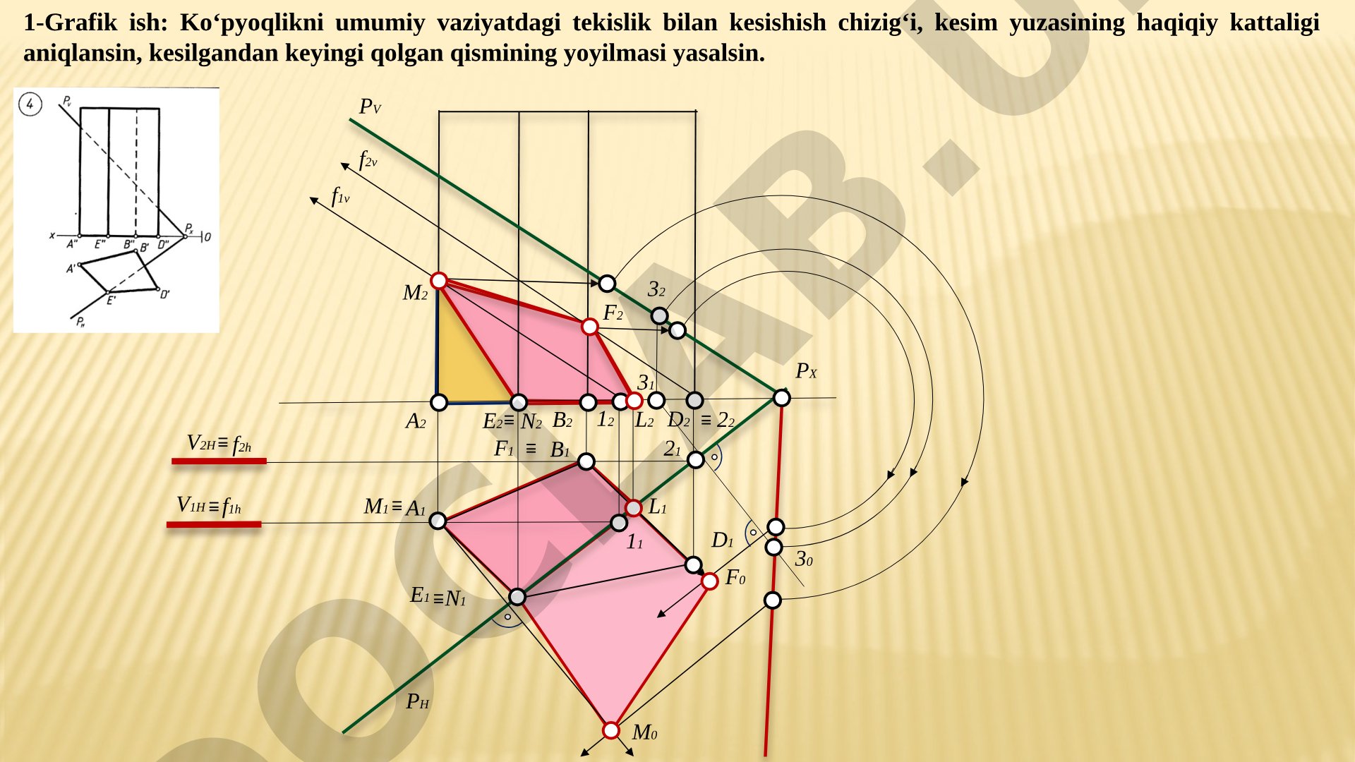 Ko‘pyoqlikni umumiy vaziyatdagi tekislik bilan kesishish chizig‘i va yoyilma yasash