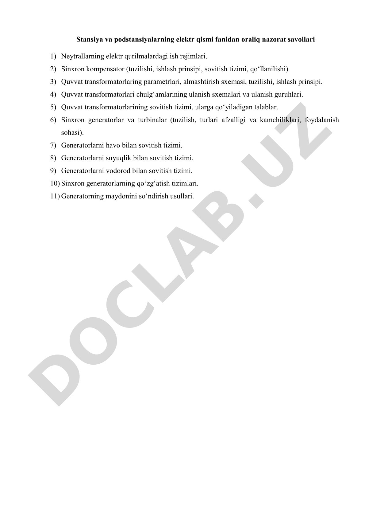 Stansiya va podstansiyalarning elektr qismi fanidan oraliq nazorat savollari