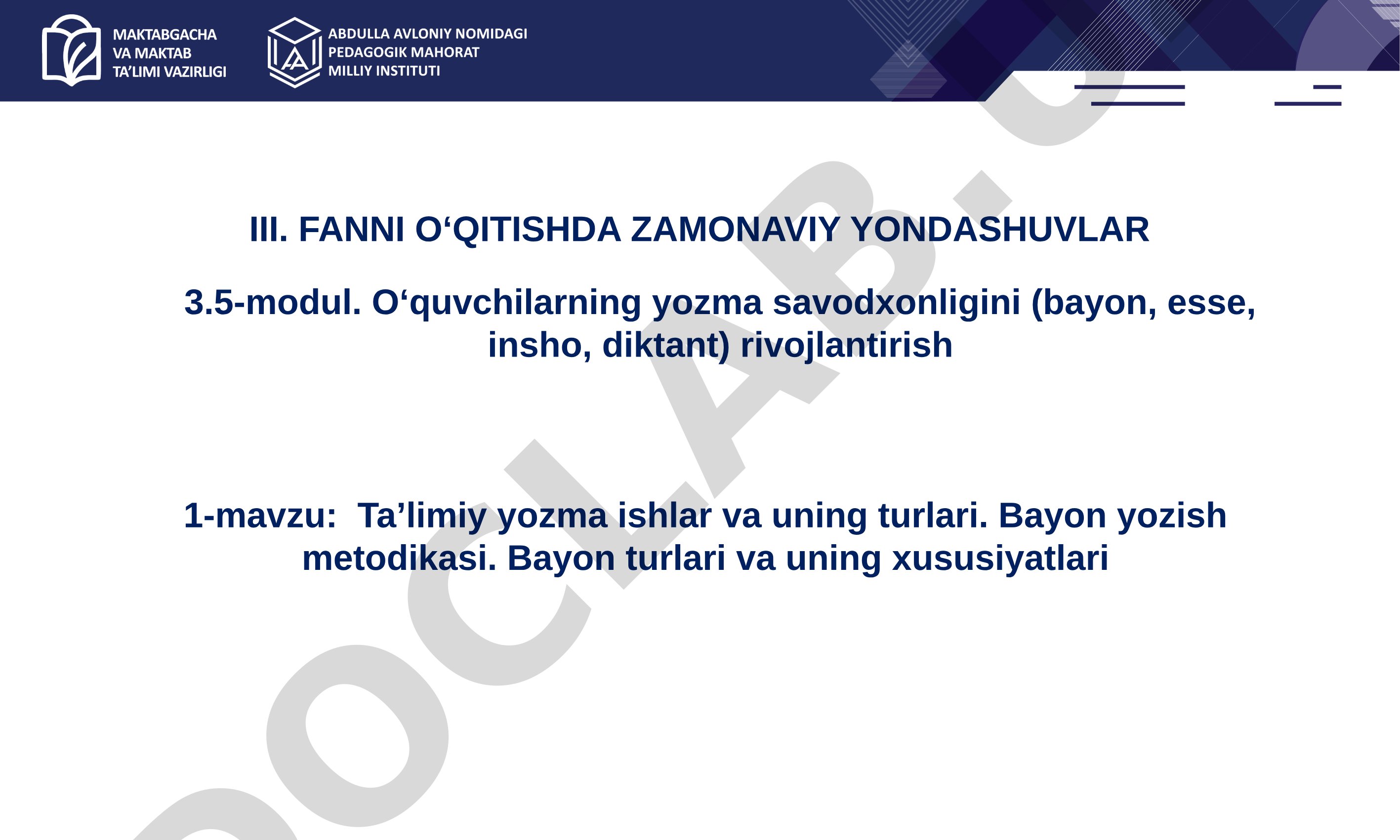 Ta’limiy yozma ishlar va uning turlari. Bayon yozish metodikasi. Bayon turlari va uning xususiyatlari